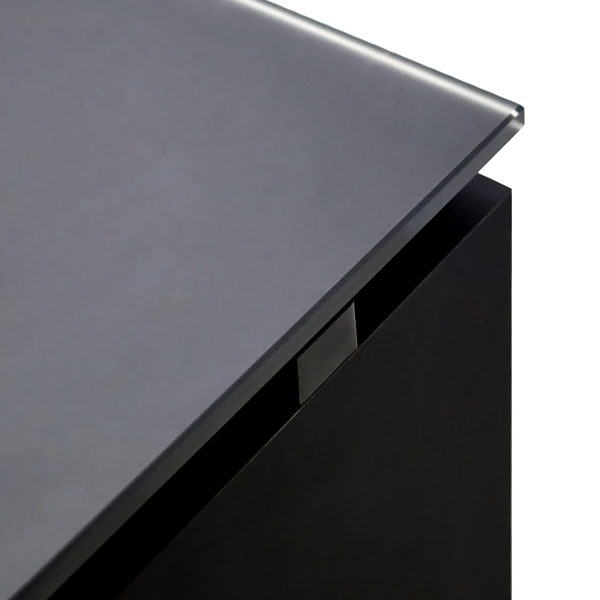 72-inch Denver Straight Executive Desk with 1/2 Satin Black Glass top, Black Traceless laminate base & cabinet, and American Walnut & Black background tambour privacy panel.