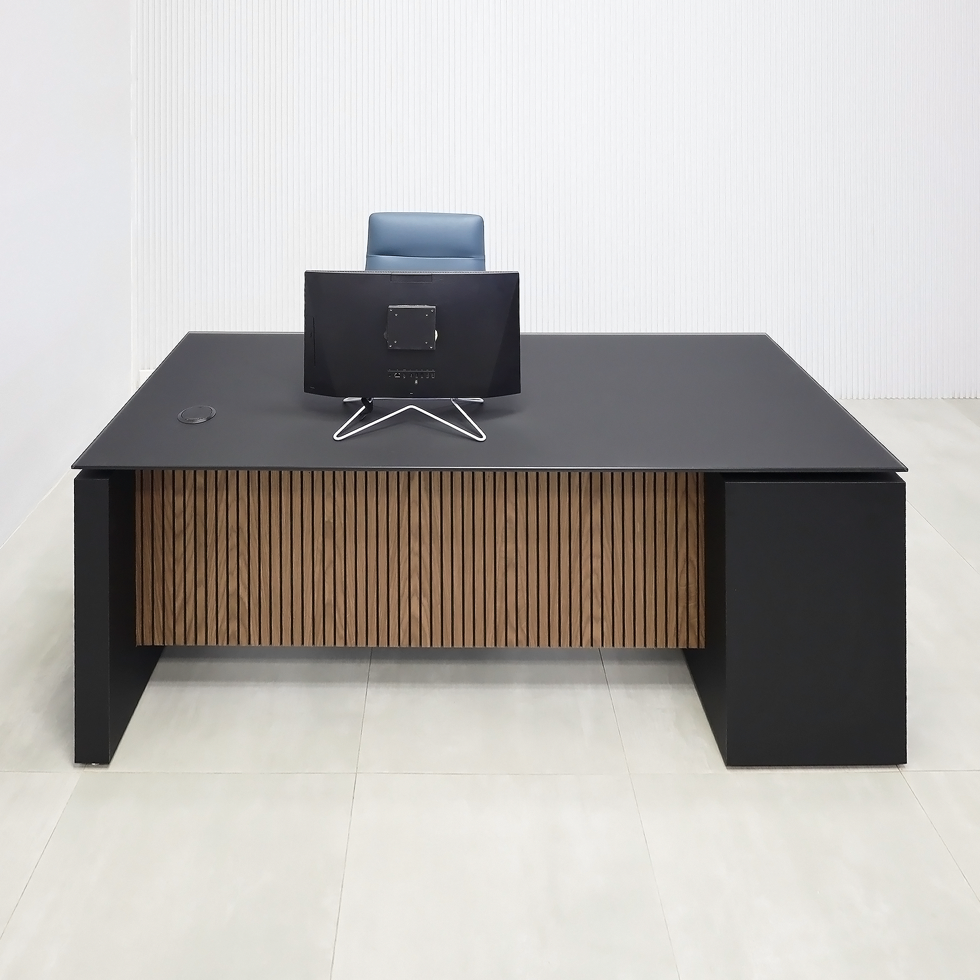 72-inch Denver Straight Executive Desk with 1/2 Satin Black Glass top, Black Traceless laminate base & cabinet, and American Walnut & Black background tambour privacy panel.