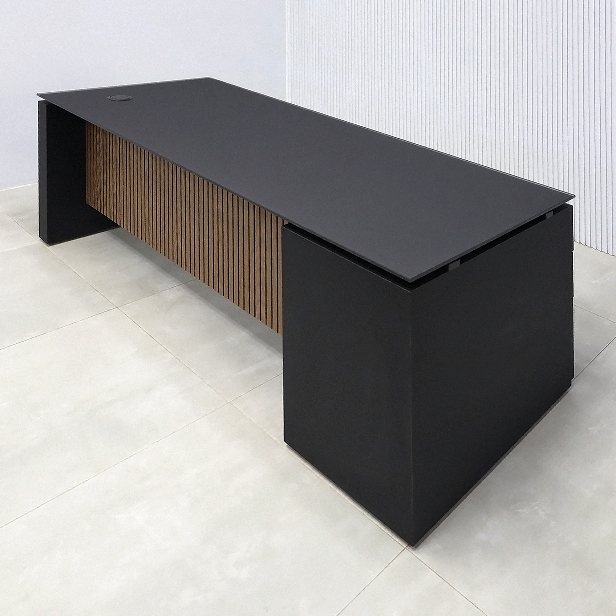 72-inch Denver Straight Executive Desk with 1/2 Satin Black Glass top, Black Traceless laminate base & cabinet, and American Walnut & Black background tambour privacy panel.