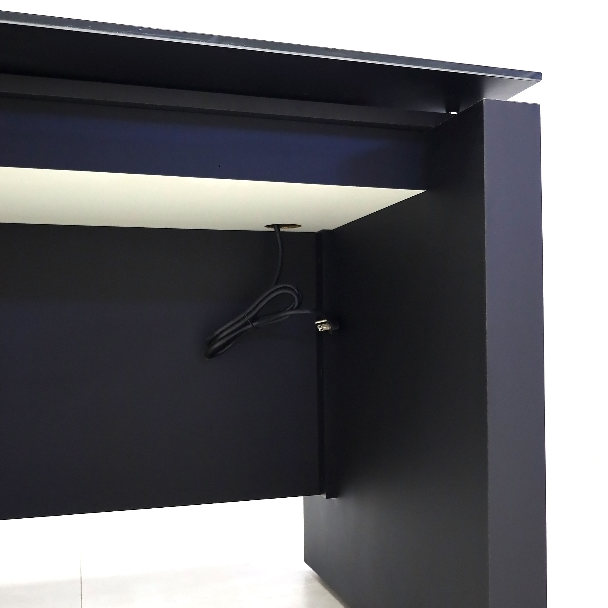 72-inch Denver Straight Executive Desk with 1/2 Satin Black Glass top, Black Traceless laminate base & cabinet, and American Walnut & Black background tambour privacy panel.