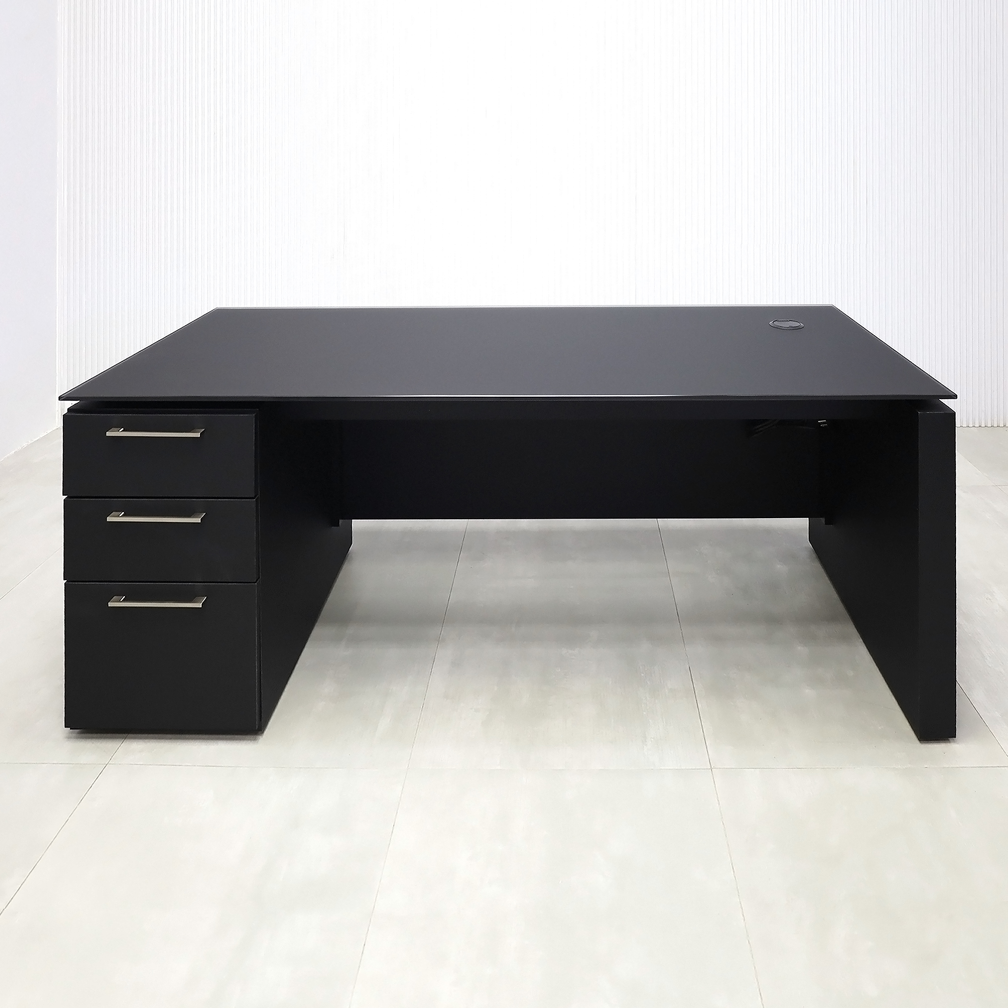 72-inch Denver Straight Executive Desk with 1/2 Satin Black Glass top, Black Traceless laminate base & cabinet, and American Walnut & Black background tambour privacy panel.