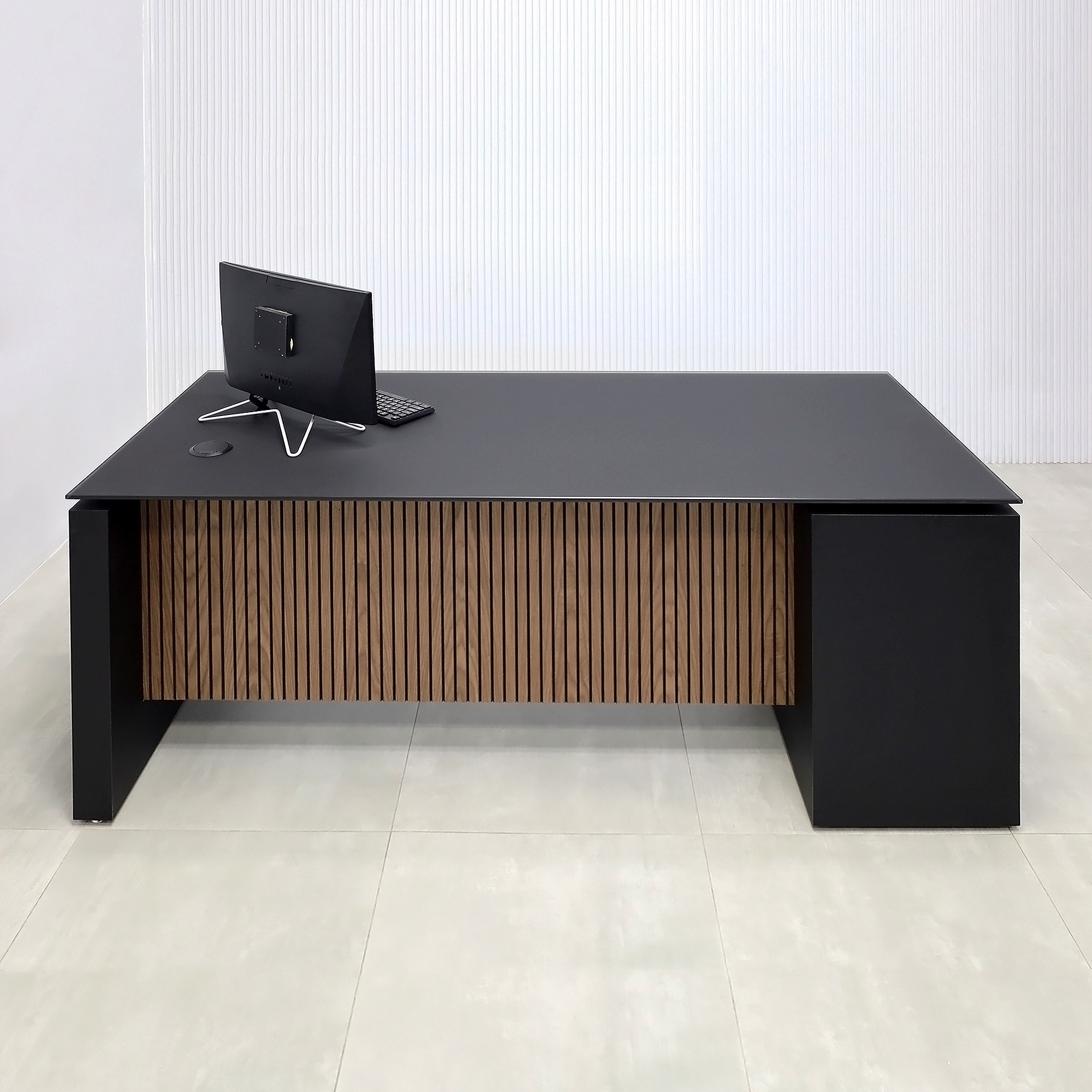 72-inch Denver Straight Executive Desk with 1/2 Satin Black Glass top, Black Traceless laminate base & cabinet, and American Walnut & Black background tambour privacy panel.