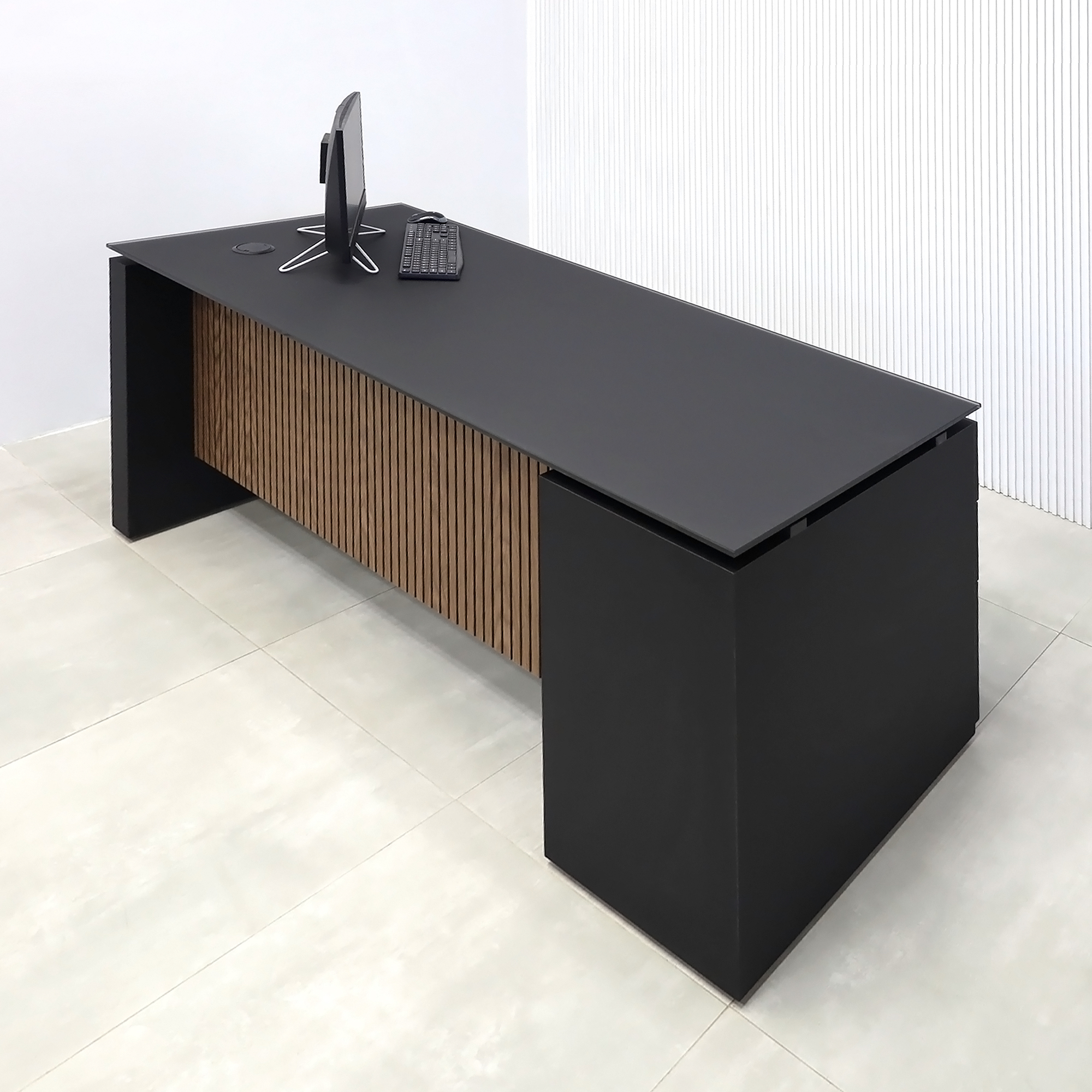 72-inch Denver Straight Executive Desk with 1/2 Satin Black Glass top, Black Traceless laminate base & cabinet, and American Walnut & Black background tambour privacy panel.