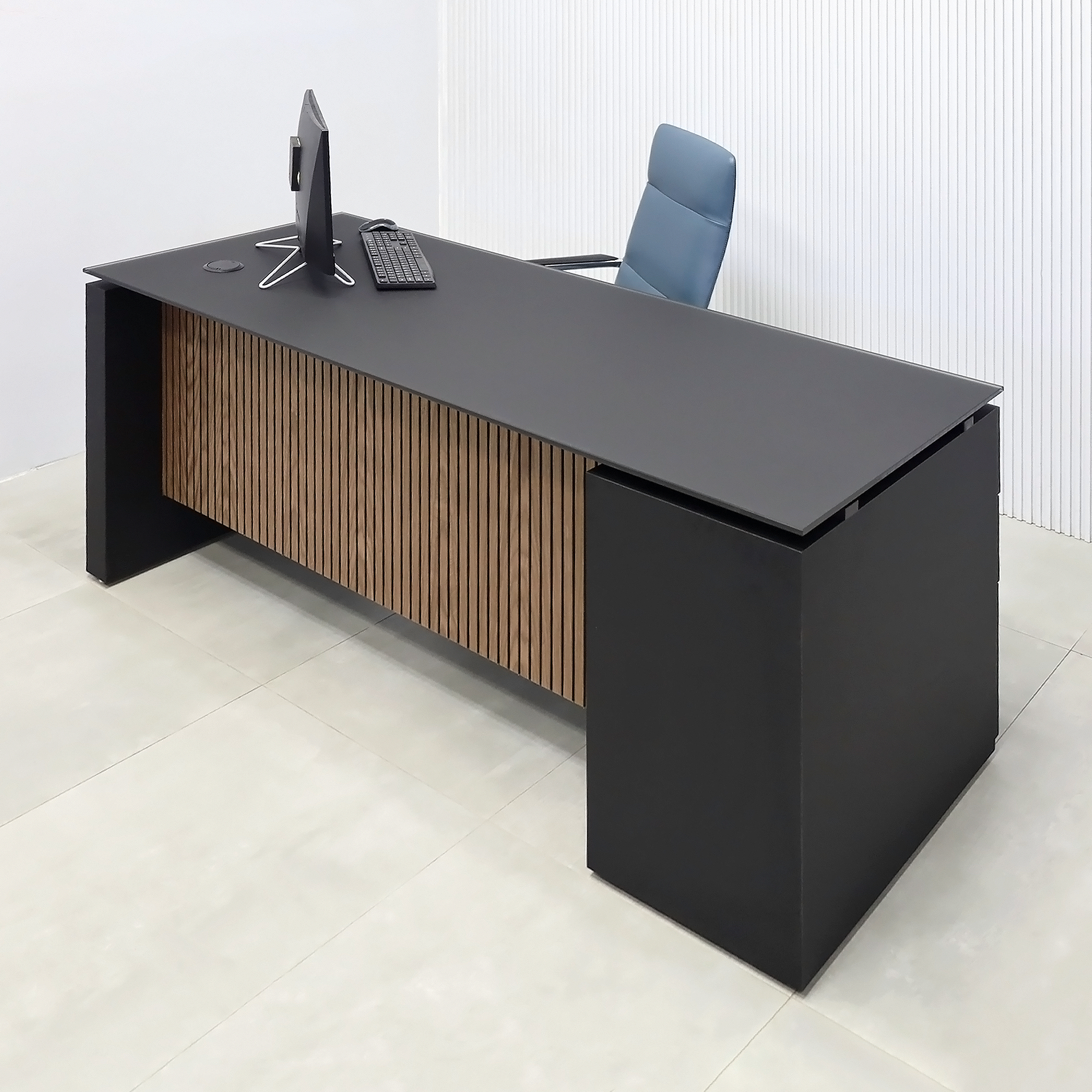 72-inch Denver Straight Executive Desk with 1/2 Satin Black Glass top, Black Traceless laminate base & cabinet, and American Walnut & Black background tambour privacy panel.