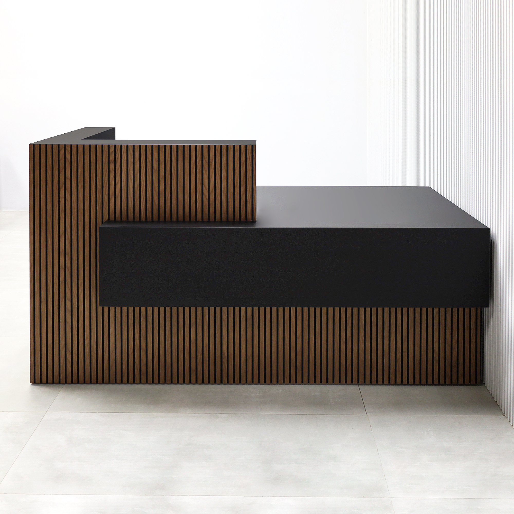 72-Inch Atlanta Custom Reception Desk with American Walnut tambour counter & base. Black Traceless laminate workspace & Accent Panel.