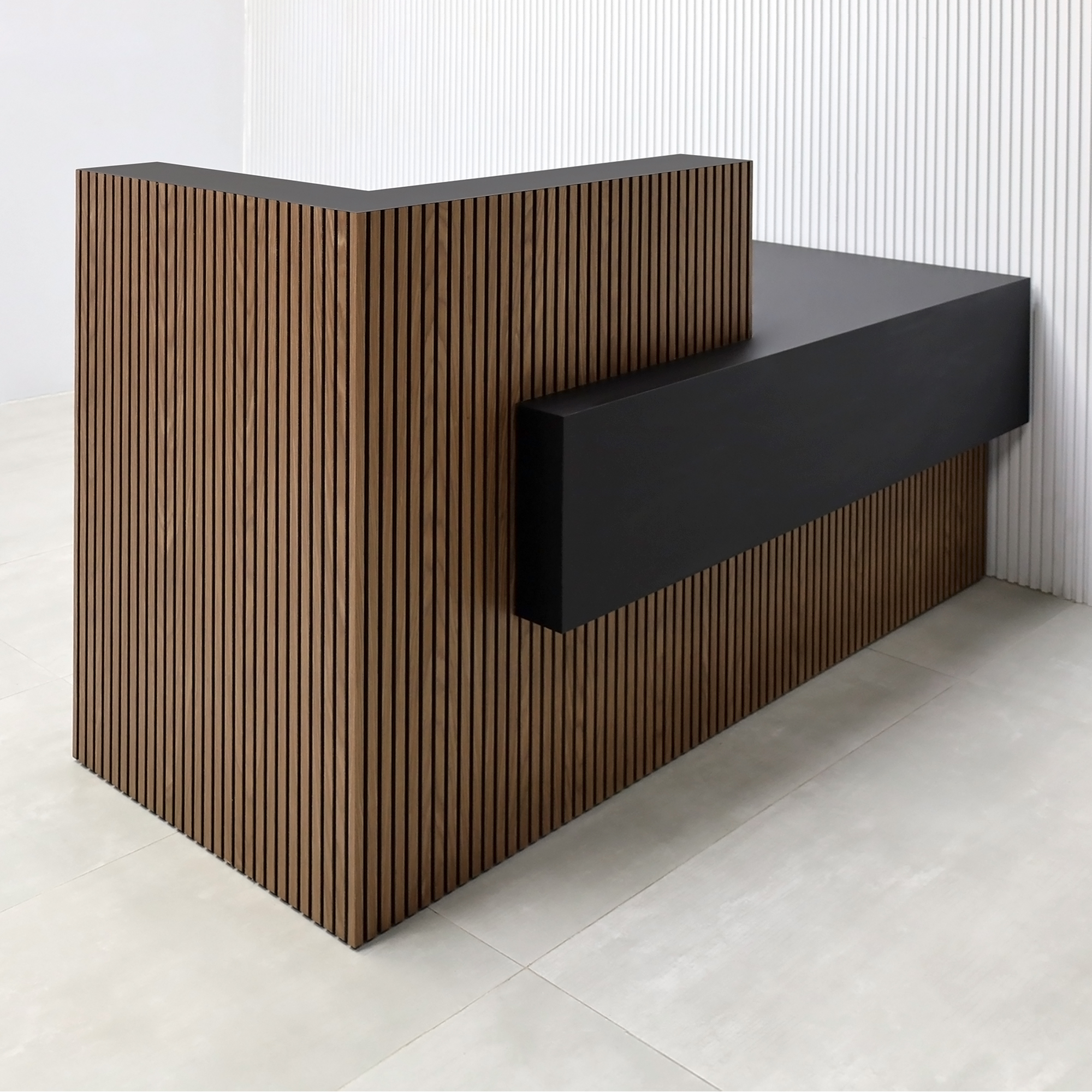 72-inch Atlanta Custom Reception Desk with American Walnut & Black tambour counter & base. Black Traceless laminate workspace & accent panel.