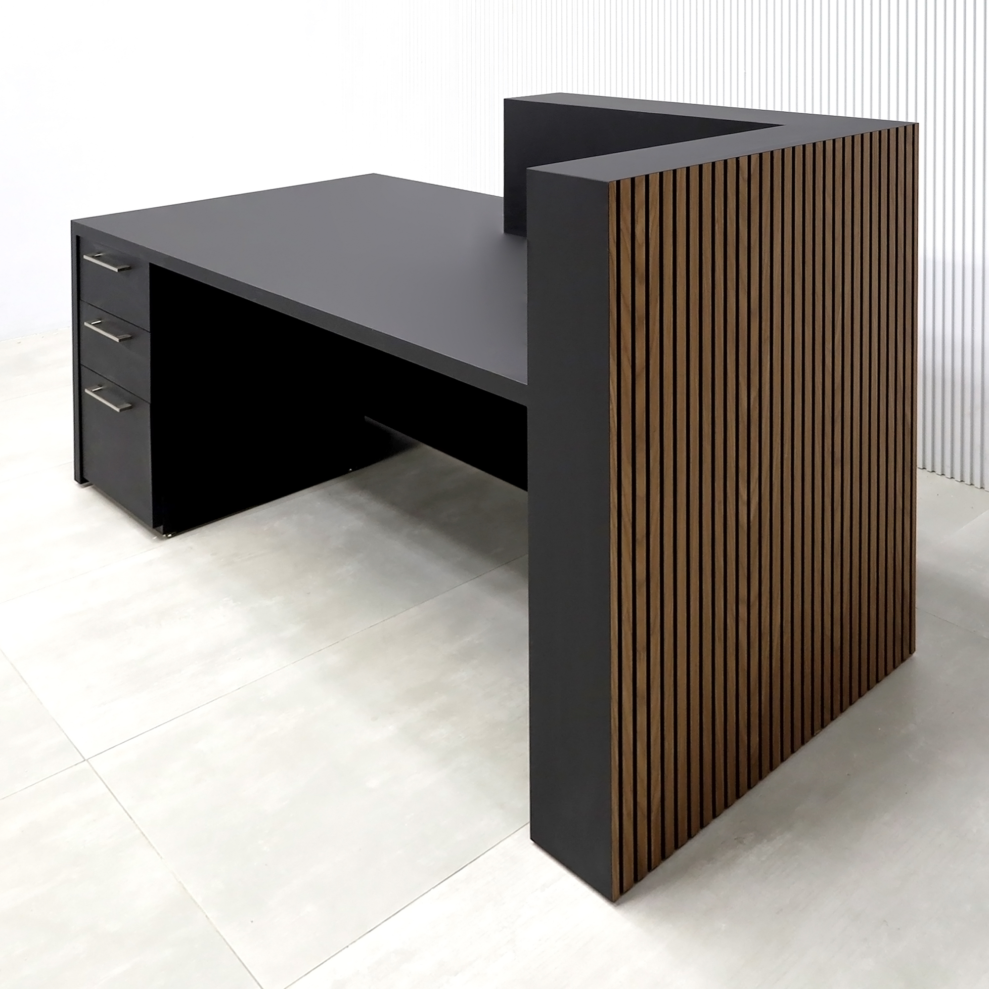 72-inch Atlanta Custom Reception Desk with American Walnut & Black tambour counter & base. Black Traceless laminate workspace & accent panel.