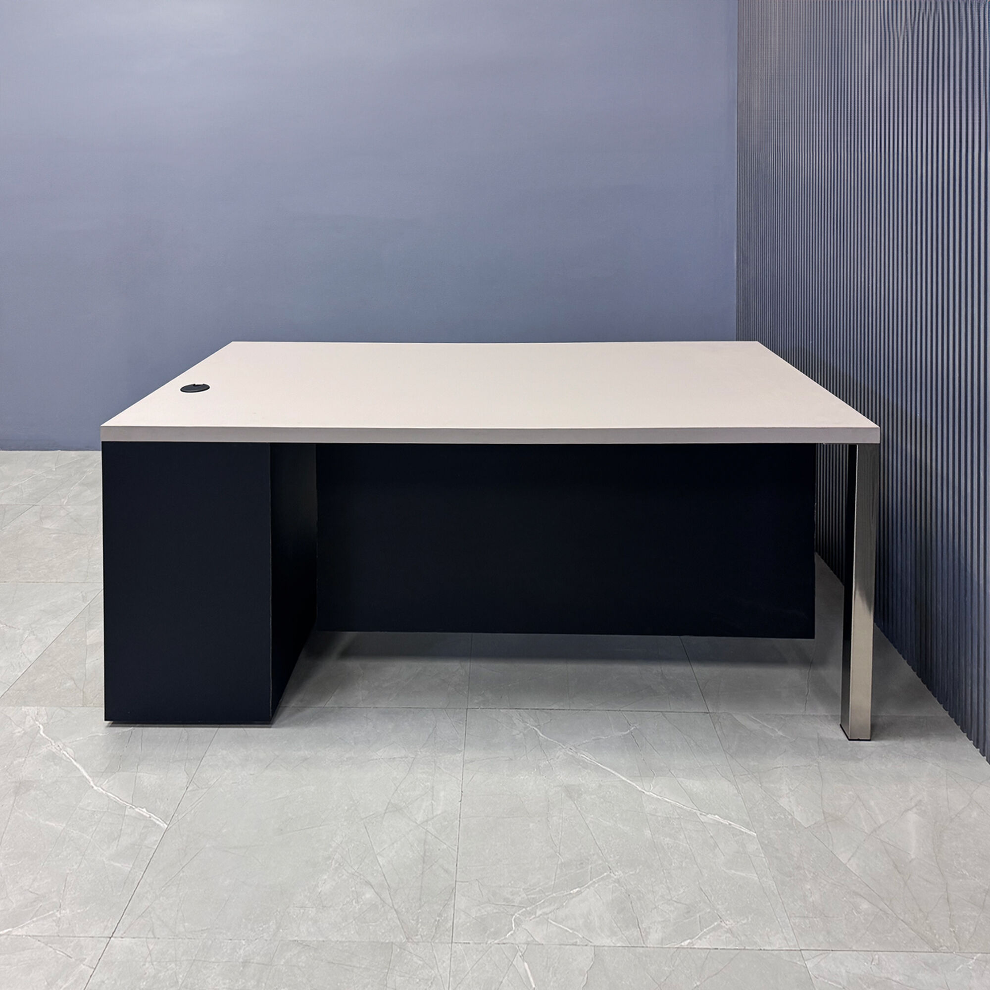 72-inch Dallas Straight Executive Desk W/ Cabinet in beige pvc top, black traceless laminate storage & privacy panel, with brushed aluminum legs.