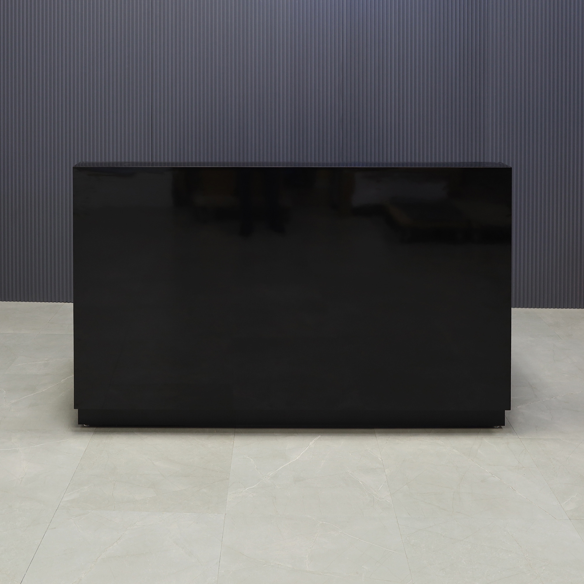 72-inch Dallas Straight Custom Reception Desk in black gloss laminate main desk and toe-kick, shown here.