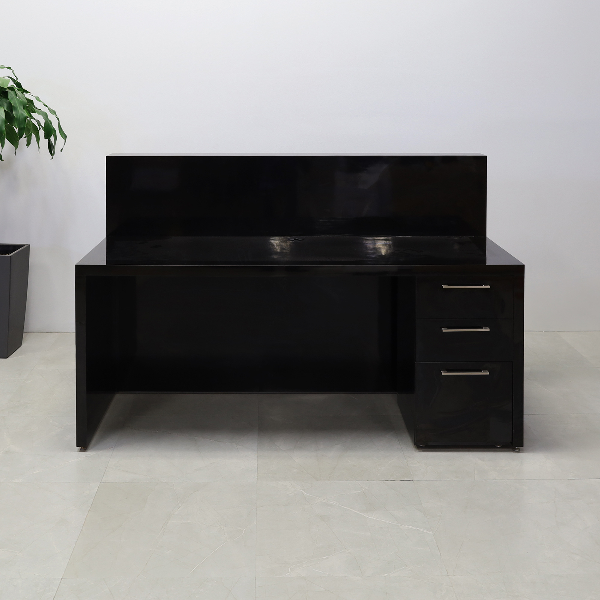 72-inch Dallas Straight Custom Reception Desk in black gloss laminate main desk and toe-kick, and built-in storage on right side when sitting, shown here.
