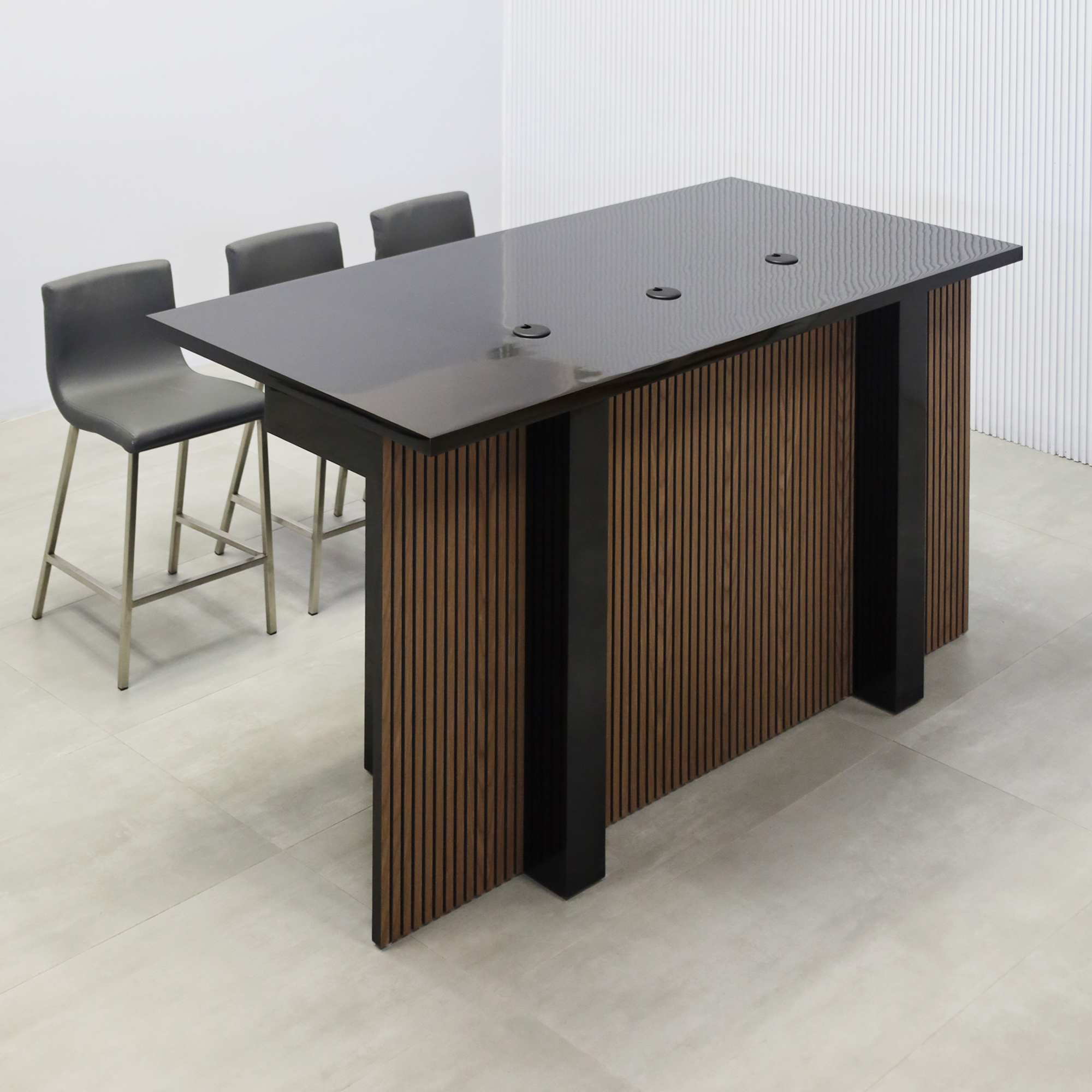 72-inch Savannah Handmade Podcast Table with Black Gloss Laminate top, American Walnut & Black Tambour Front Base, and Black Gloss Laminate Back Base.