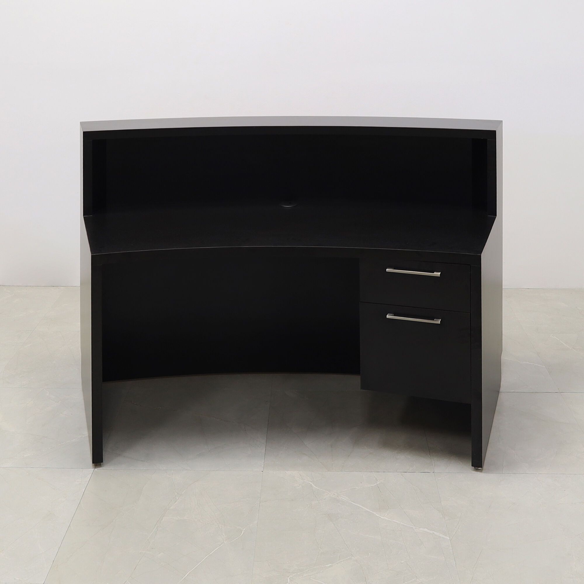72-inch Seattle X2 Reception Desk in Black Matte Laminate Desk and Uptown Walnut Front Panel, with colored LED, shown here.