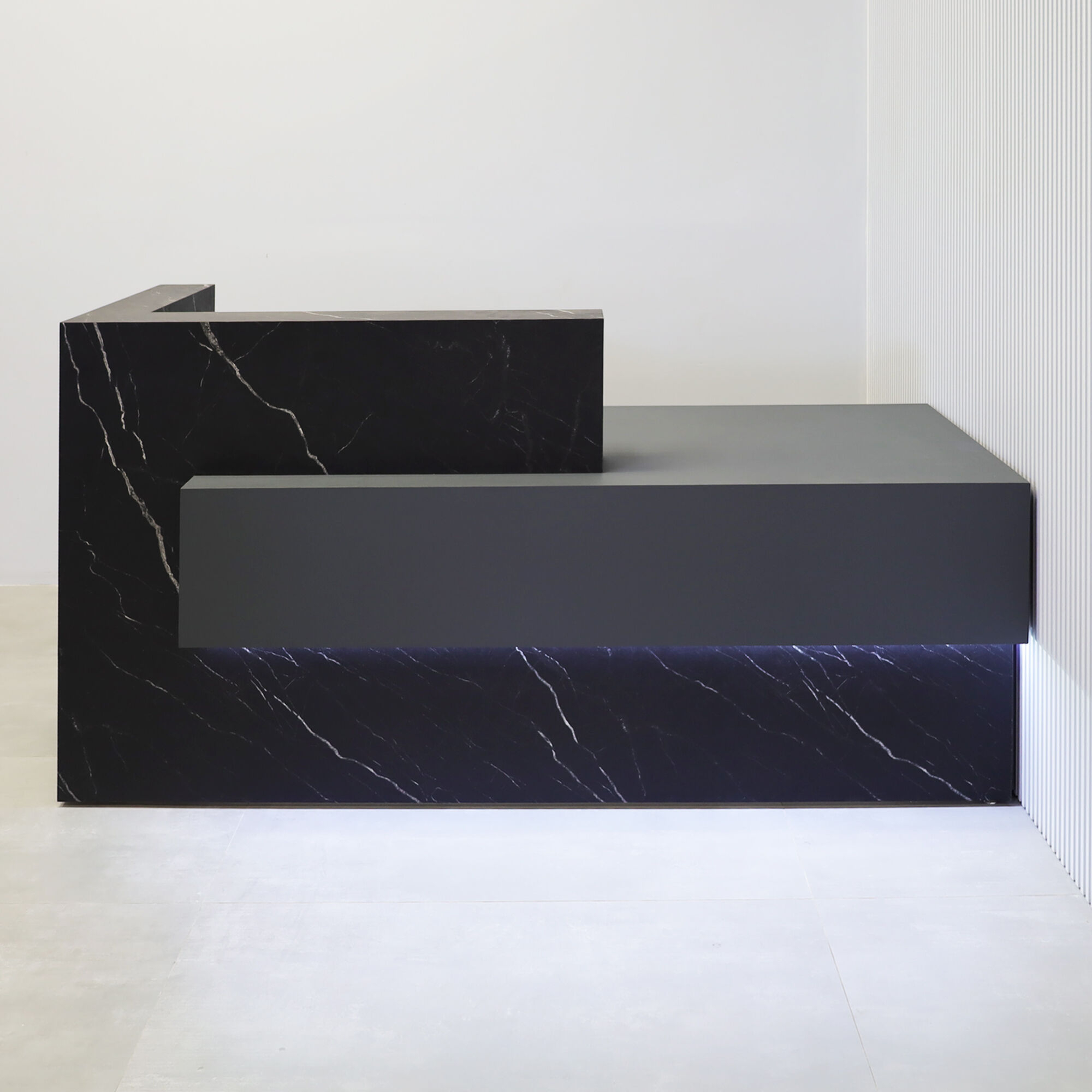 72-inch Atlanta Reception Desk with black stone palazzo laminate countertop & base, dark gray traceless laminate workspace & front accent, black MX1 power box and white LED.