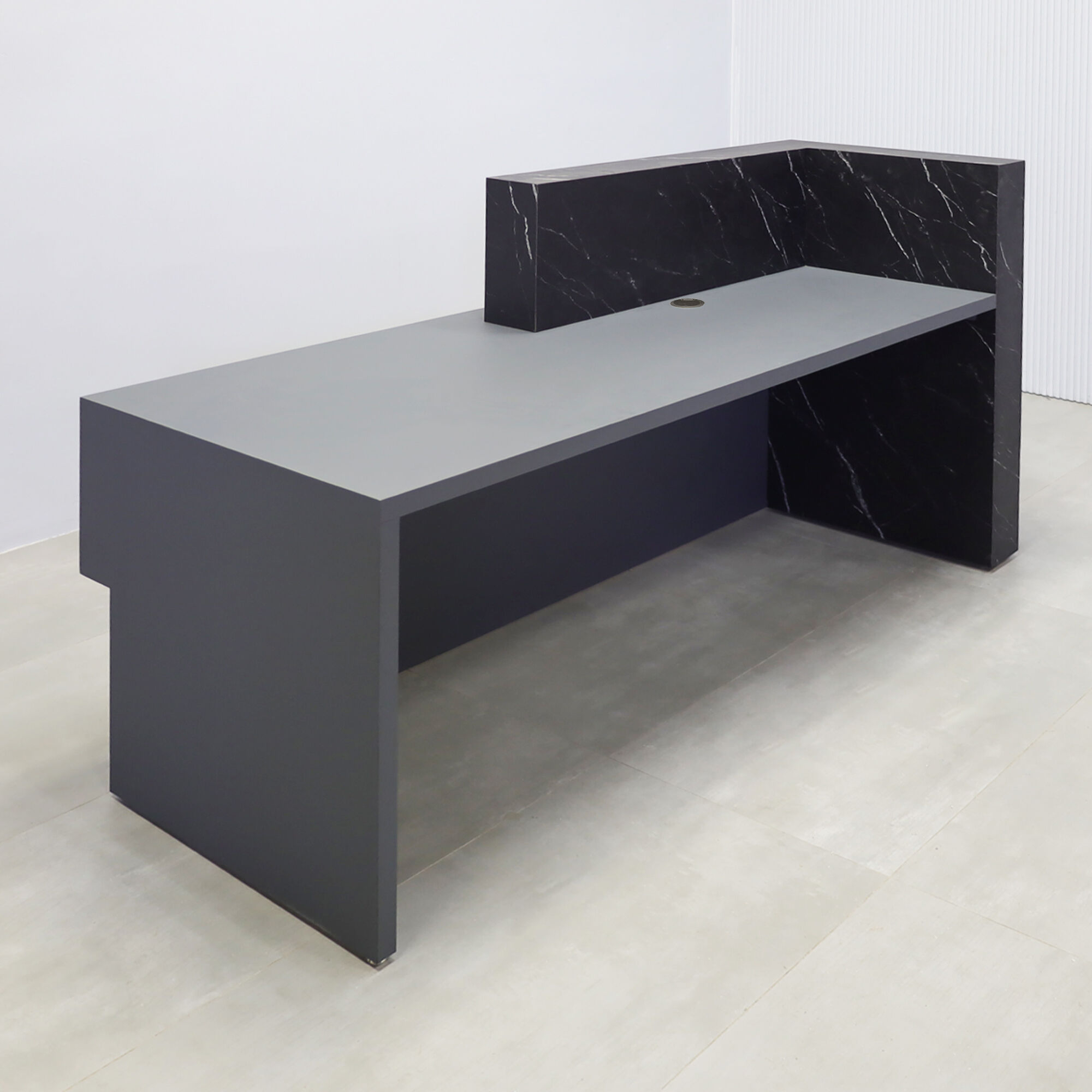 72-inch Atlanta Reception Desk with black stone palazzo laminate countertop & base, dark gray traceless laminate workspace & front accent, black MX1 power box and white LED.