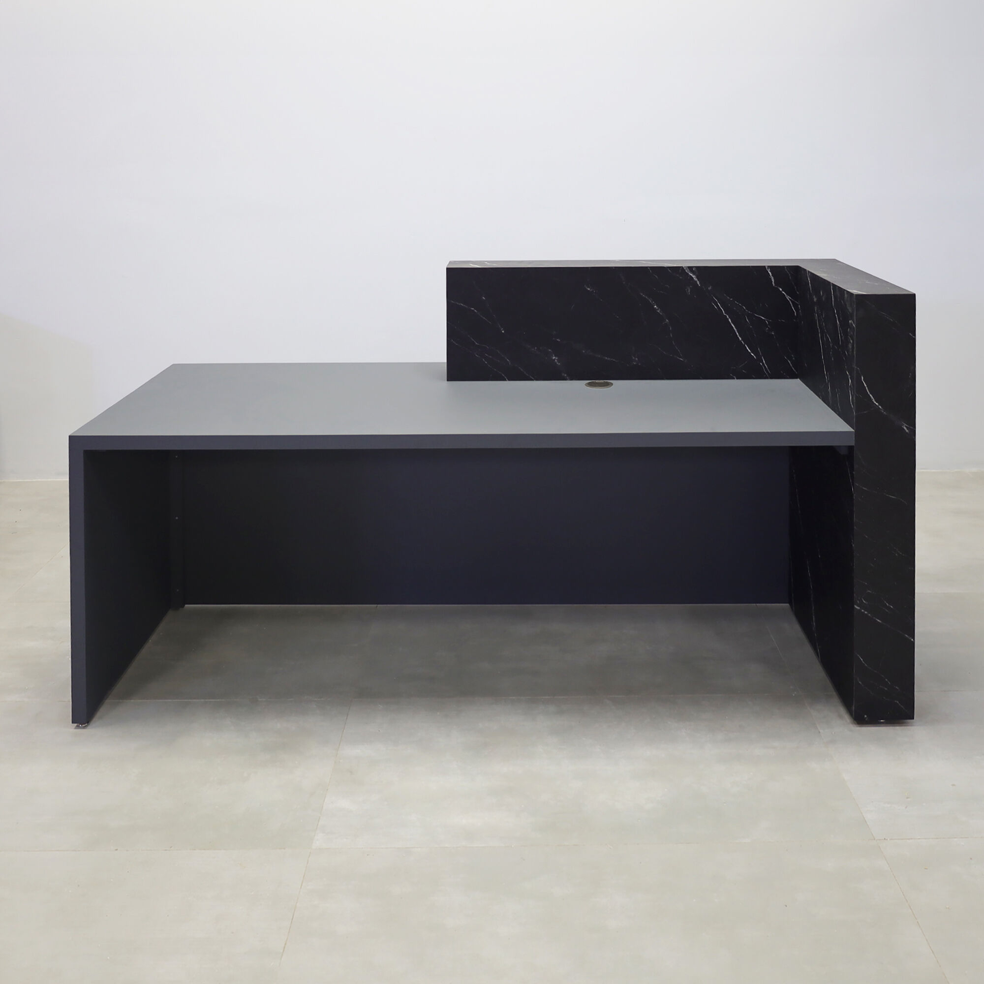 72-inch Atlanta Reception Desk with black stone palazzo laminate countertop & base, dark gray traceless laminate workspace & front accent, black MX1 power box and white LED.