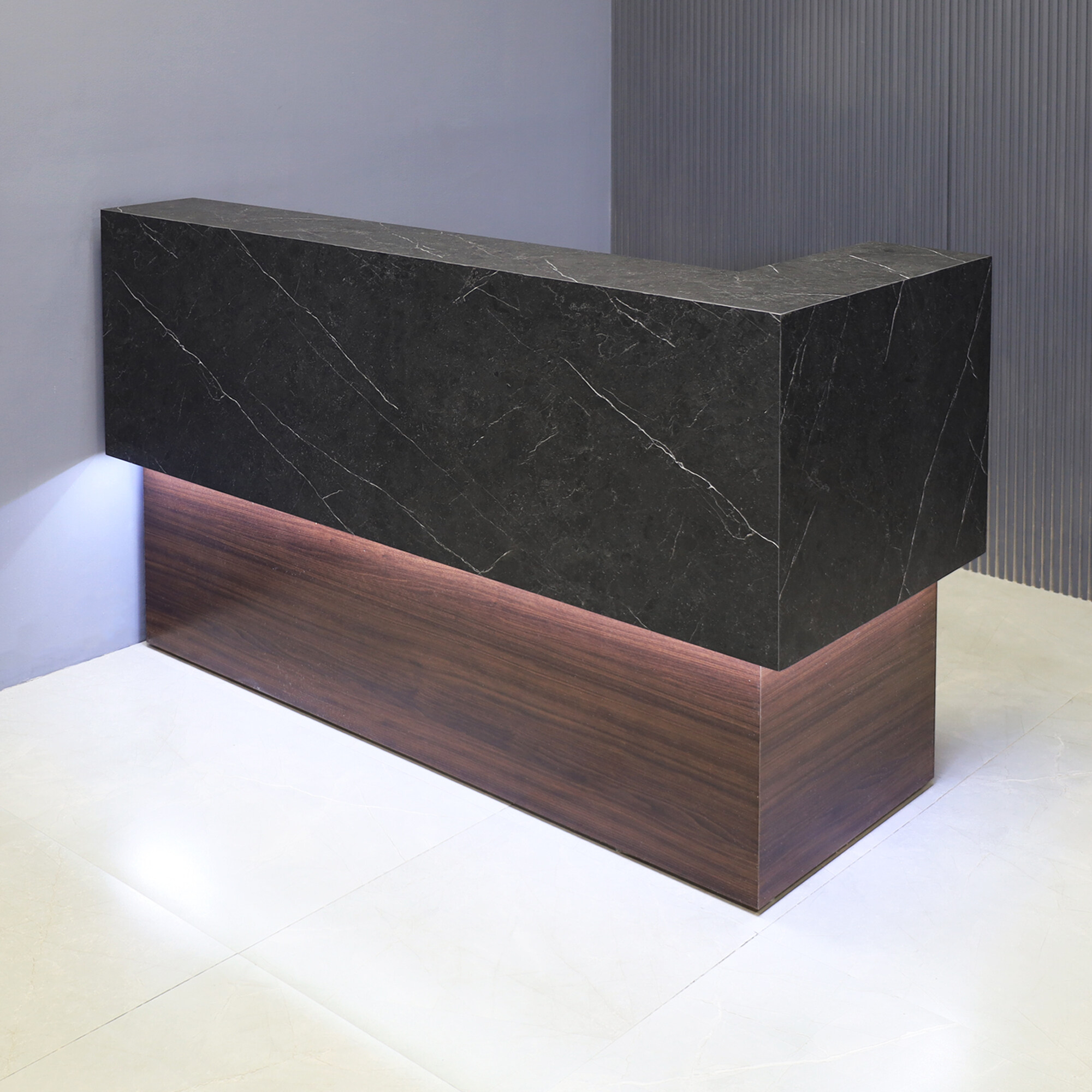 72-inch San Francisco L-Shape Reception Desk, right l-panel side when facing front in black sone pvc counter and colombian walnut matte laminate desk, with white LED, shown here.