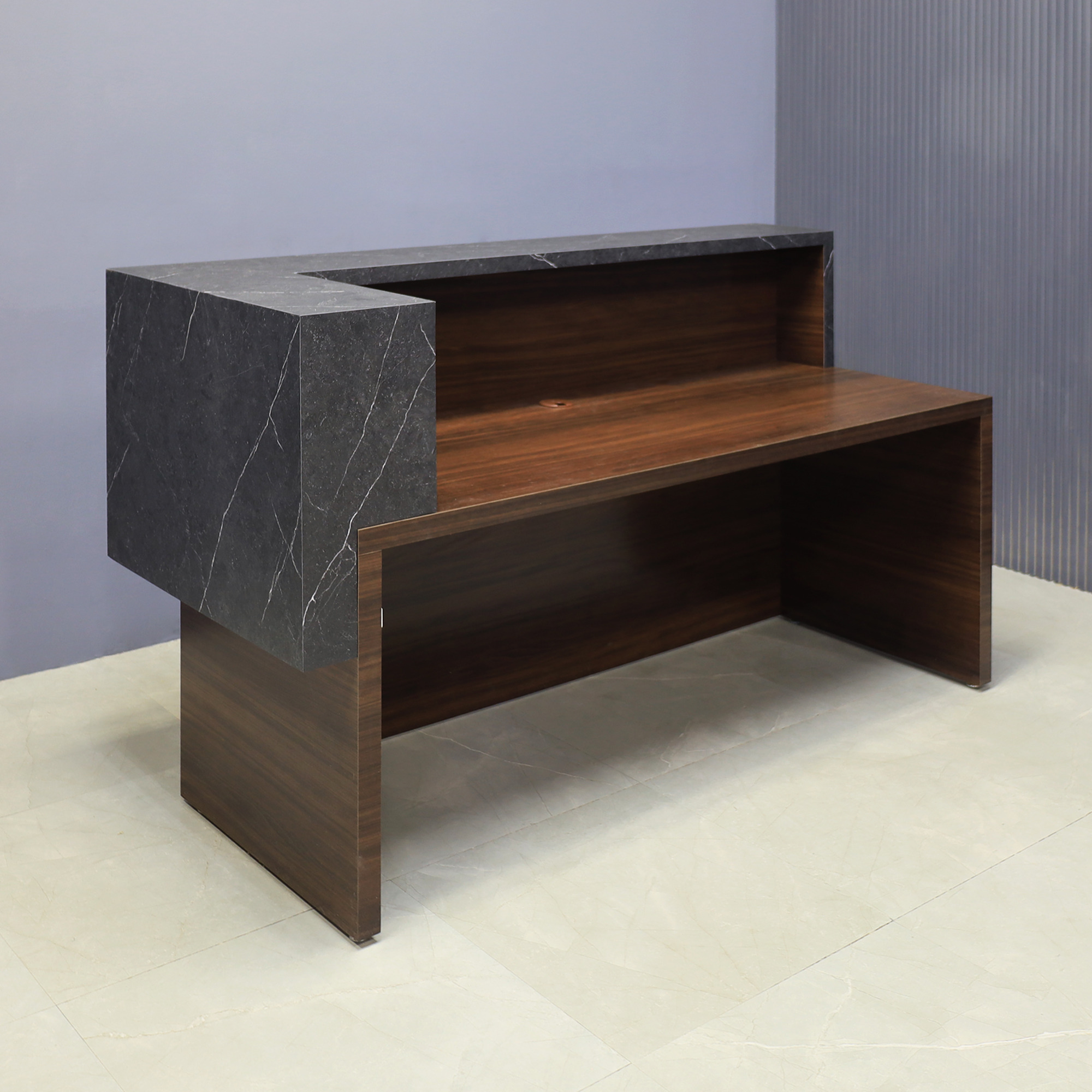 72-inch San Francisco L-Shape Reception Desk, right l-panel side when facing front in black sone pvc counter and colombian walnut matte laminate desk, with white LED, shown here.
