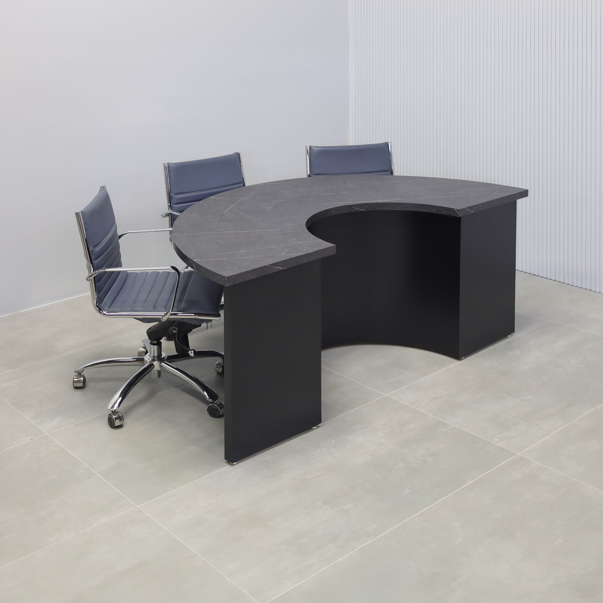 72-inch Handmade Custom Modern Podcast Table Half Moon in black stone PVC top, and black matte laminate front & back base.