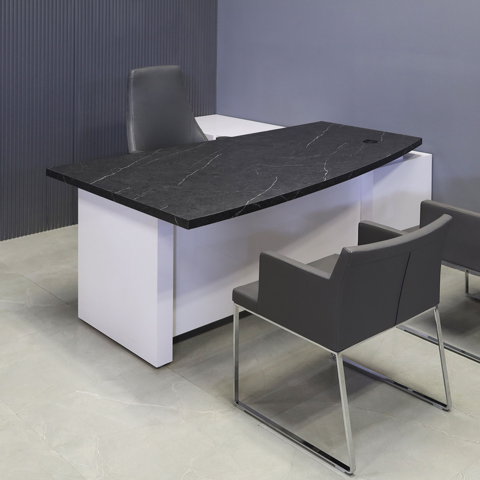 72-inch Avenue Curved Executive Desk w/ Credenza in black stone PVC top and white gloss laminate base, credenza and privacy panel, shown here.