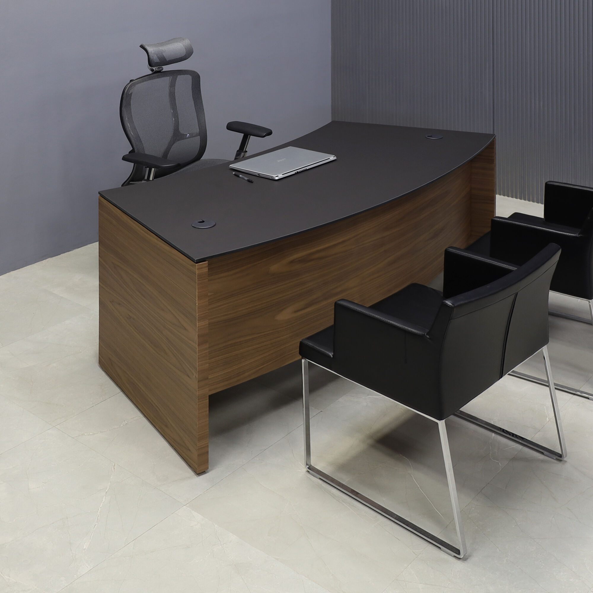 72-inch Seattle Curved Executive Desk in 1/2-inch Black traceless engineered surface top and walnut veneer base.