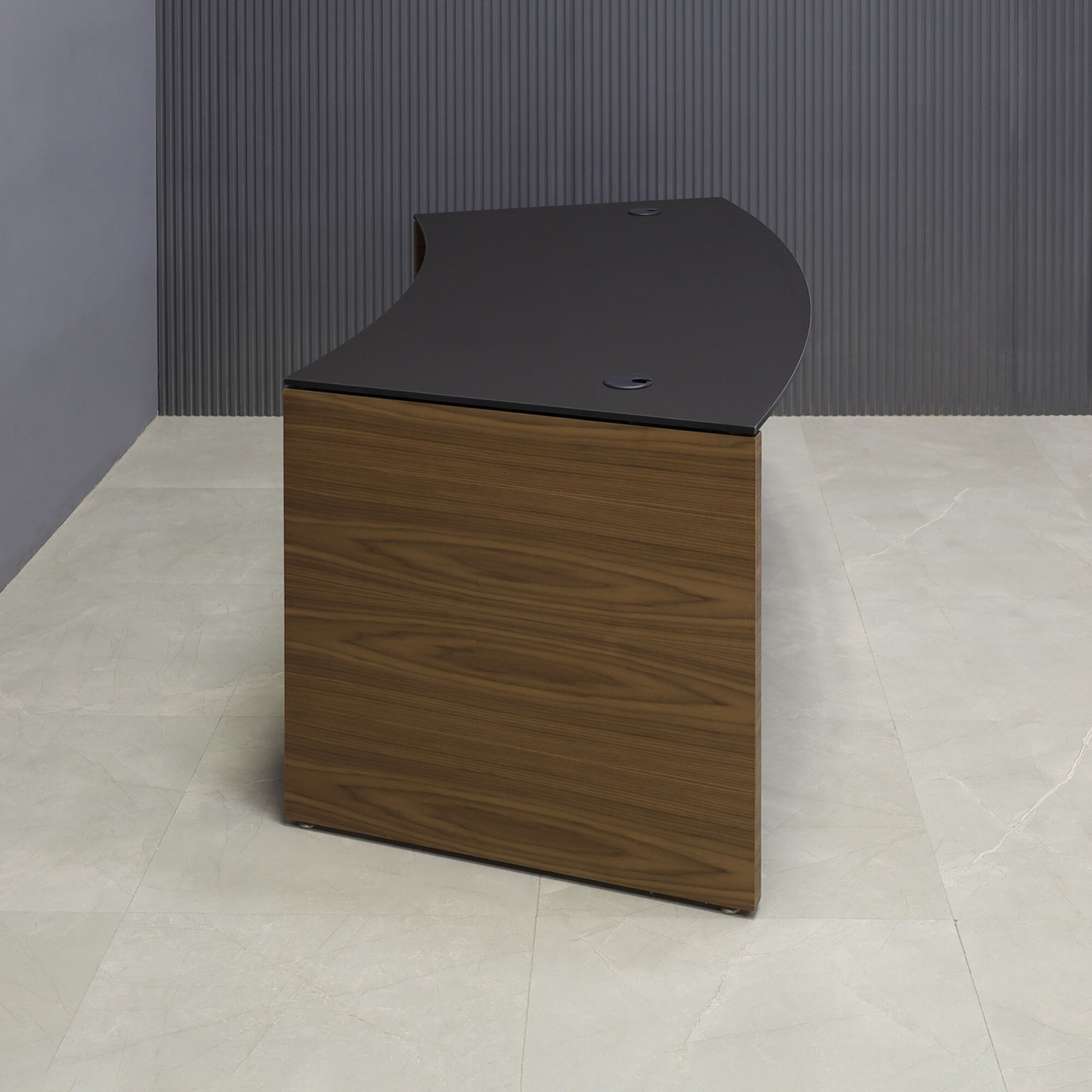  72-inch Seattle Curved Executive Desk in 1/2-inch Black traceless engineered surface top and walnut veneer base.