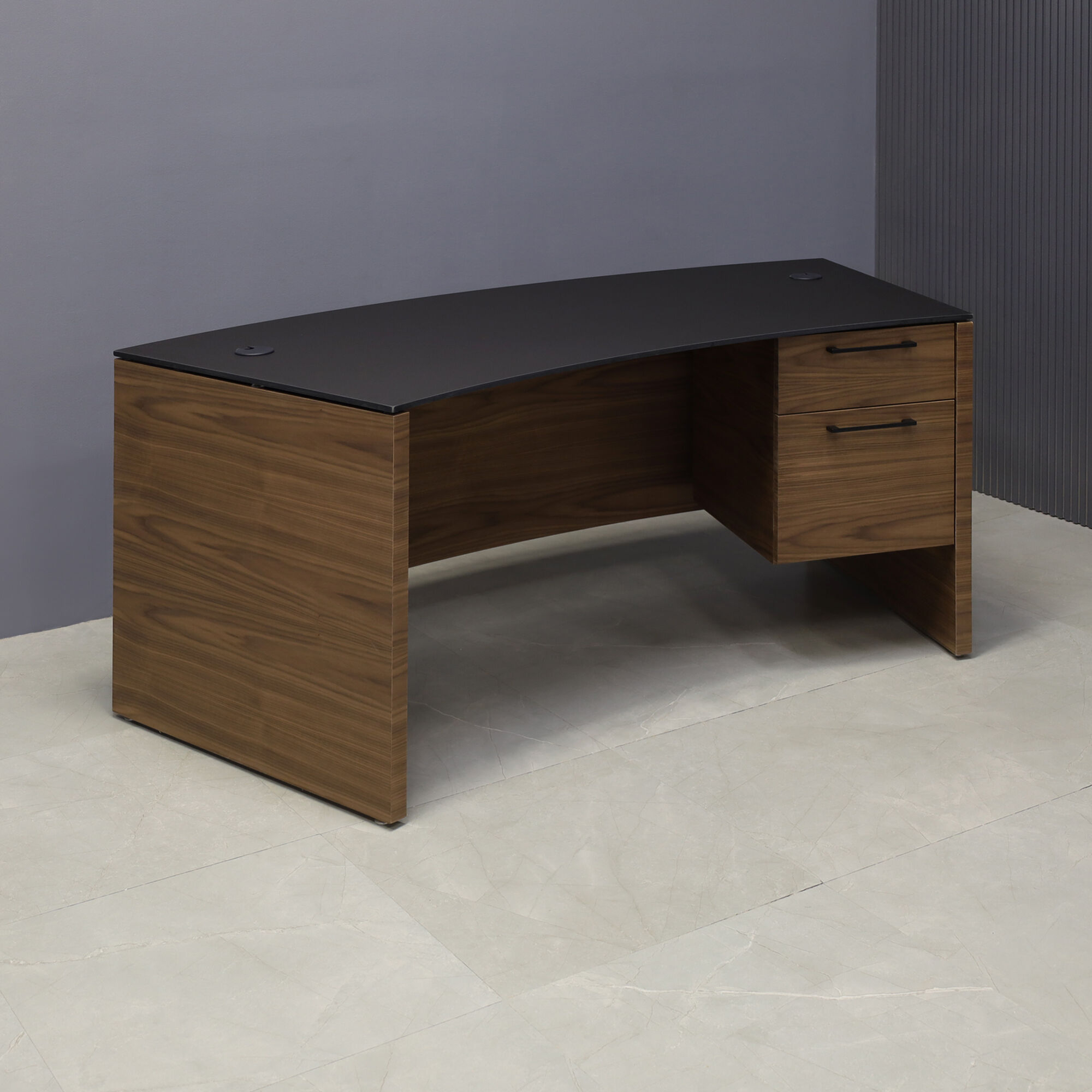  72-inch Seattle Curved Executive Desk in 1/2-inch Black traceless engineered surface top and walnut veneer base.