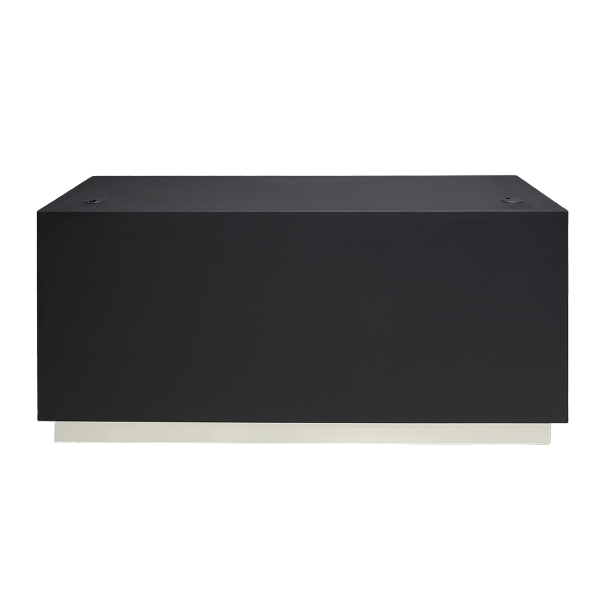 72-inch Houston Retail Custom Reception Desk in black traceless laminate main desk and brushed aluminum toe-kick.