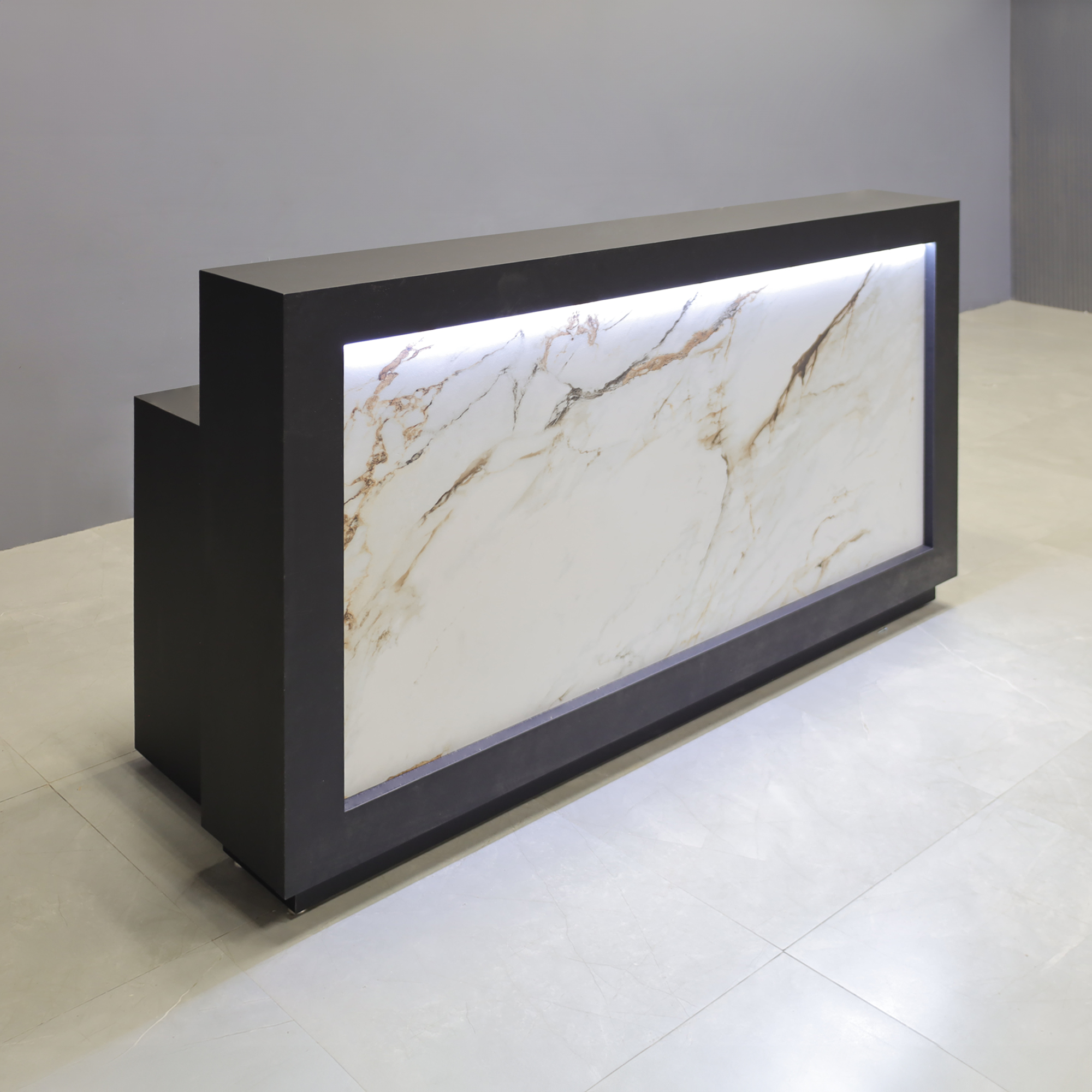 72-inch Vegas Designer Custom Reception Desk with Black Traceless laminate main desk. (Special Color Swatch) Porcelain Tail front panel and white LED.