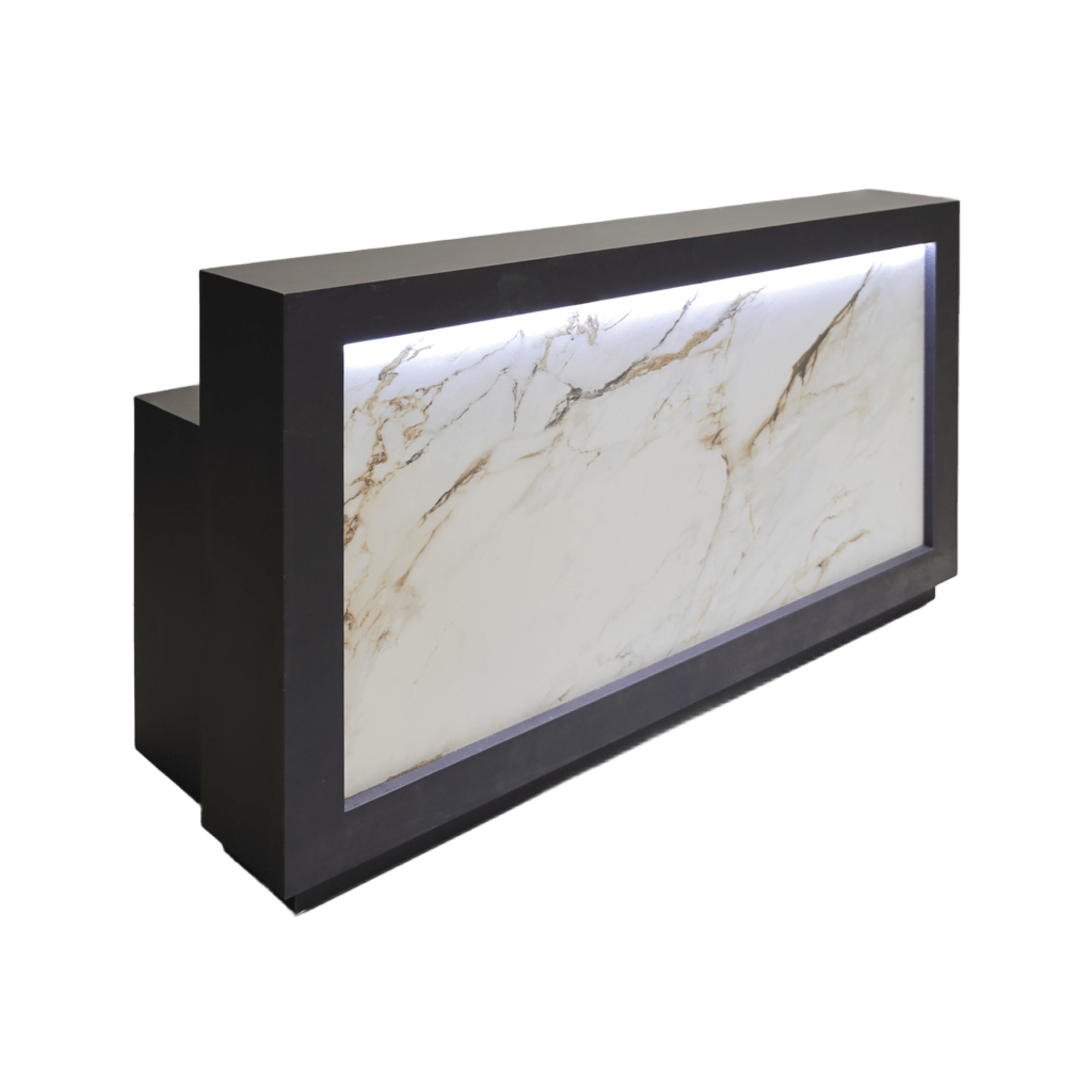 72-inch Vegas Designer Custom Reception Desk with Black Traceless laminate main desk. (Special Color Swatch) Porcelain Tail front panel and white LED.