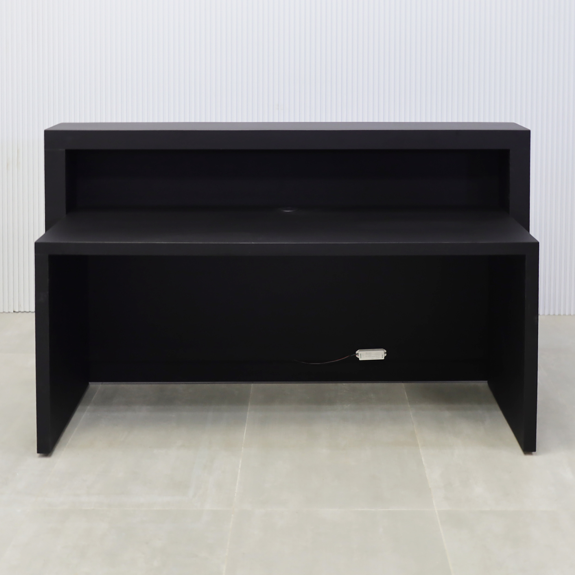 72-inch Vegas Designer Custom Reception Desk with Black Traceless laminate main desk. Concrete Front Accent and White LED.