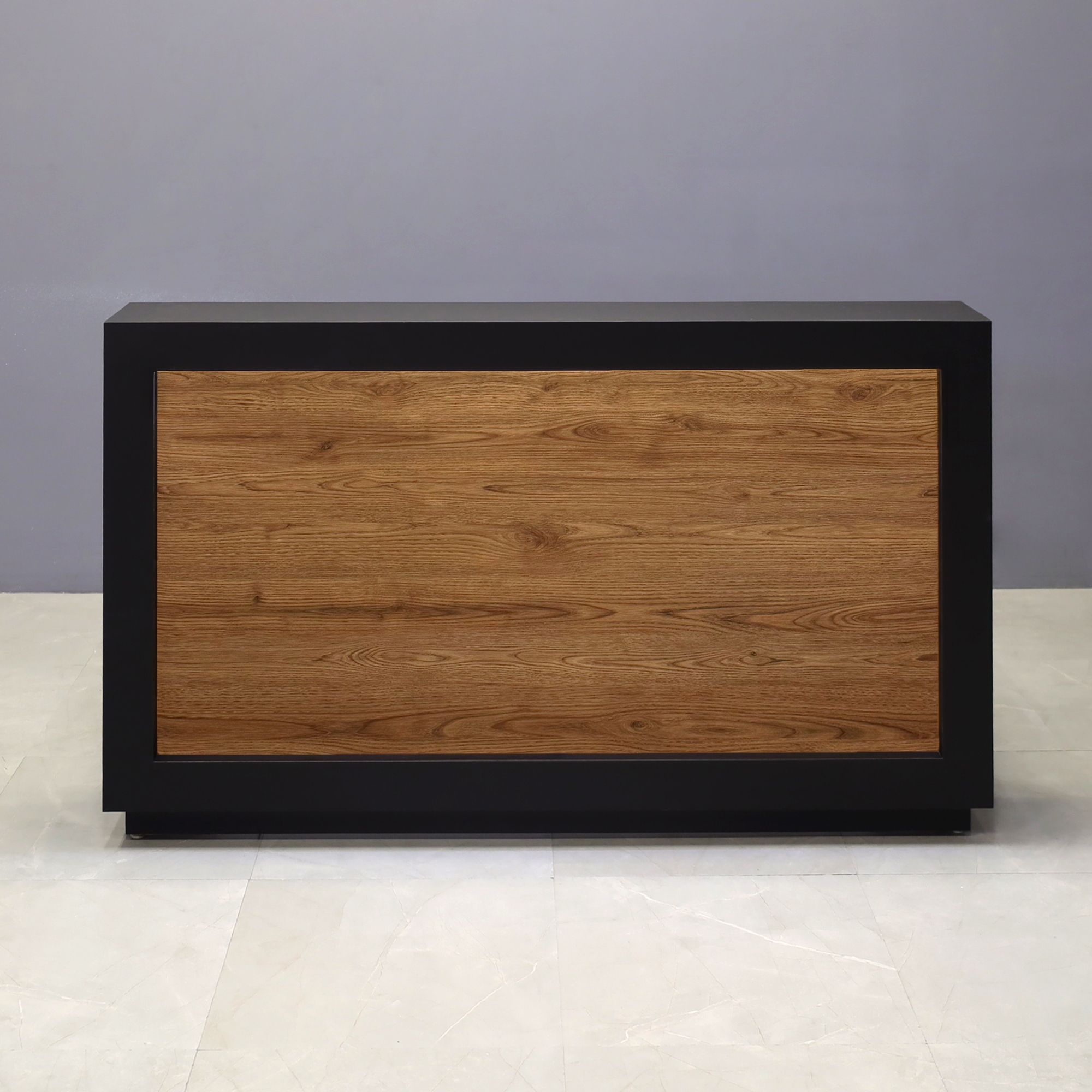 72-inch Vegas Designer Custom Reception Desk with Black Traceless laminate main desk. Spiced Chestnut front accent and white LED.