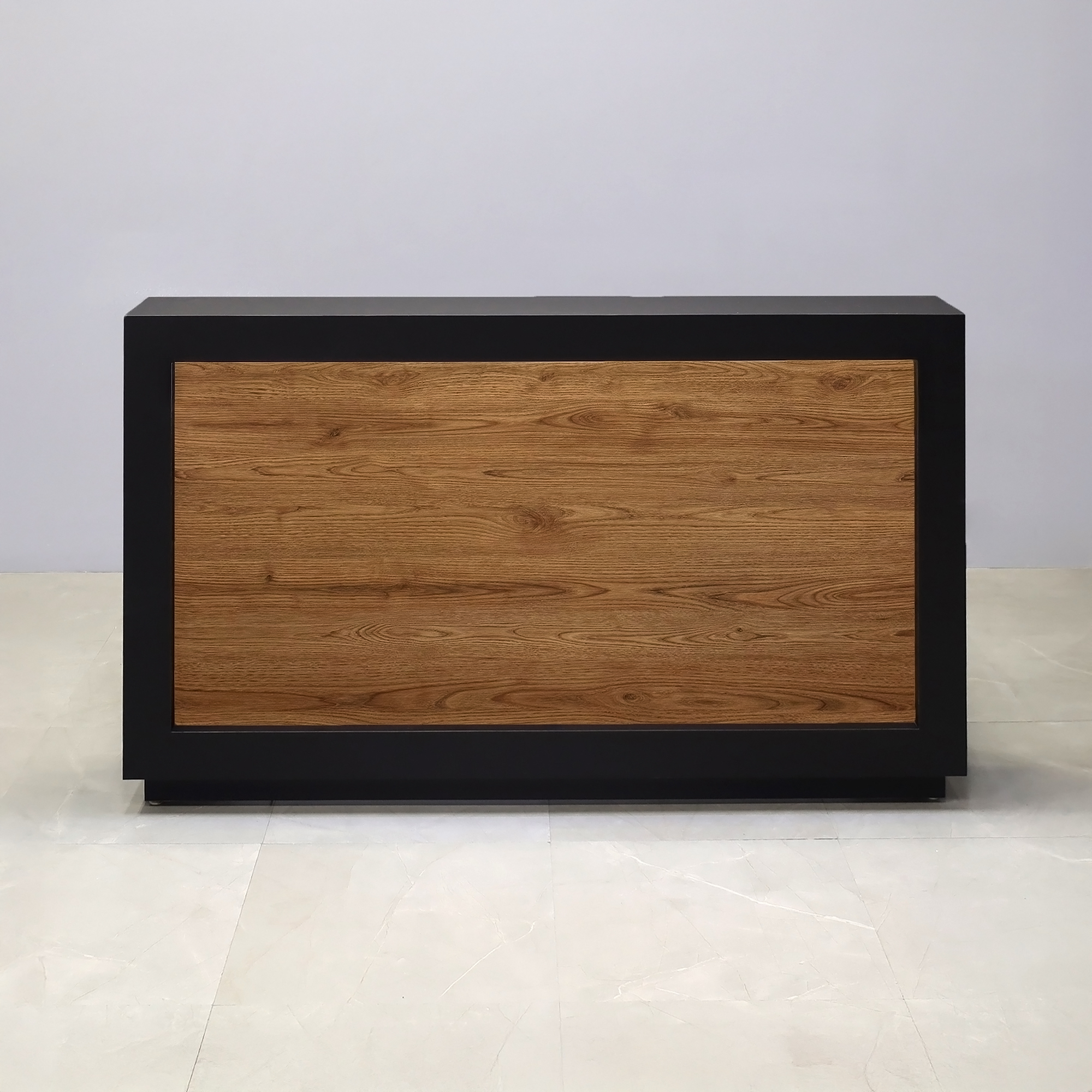 72-inch Vegas Designer Custom Reception Desk with Black Traceless laminate main desk. Spiced Chestnut front accent and white LED.