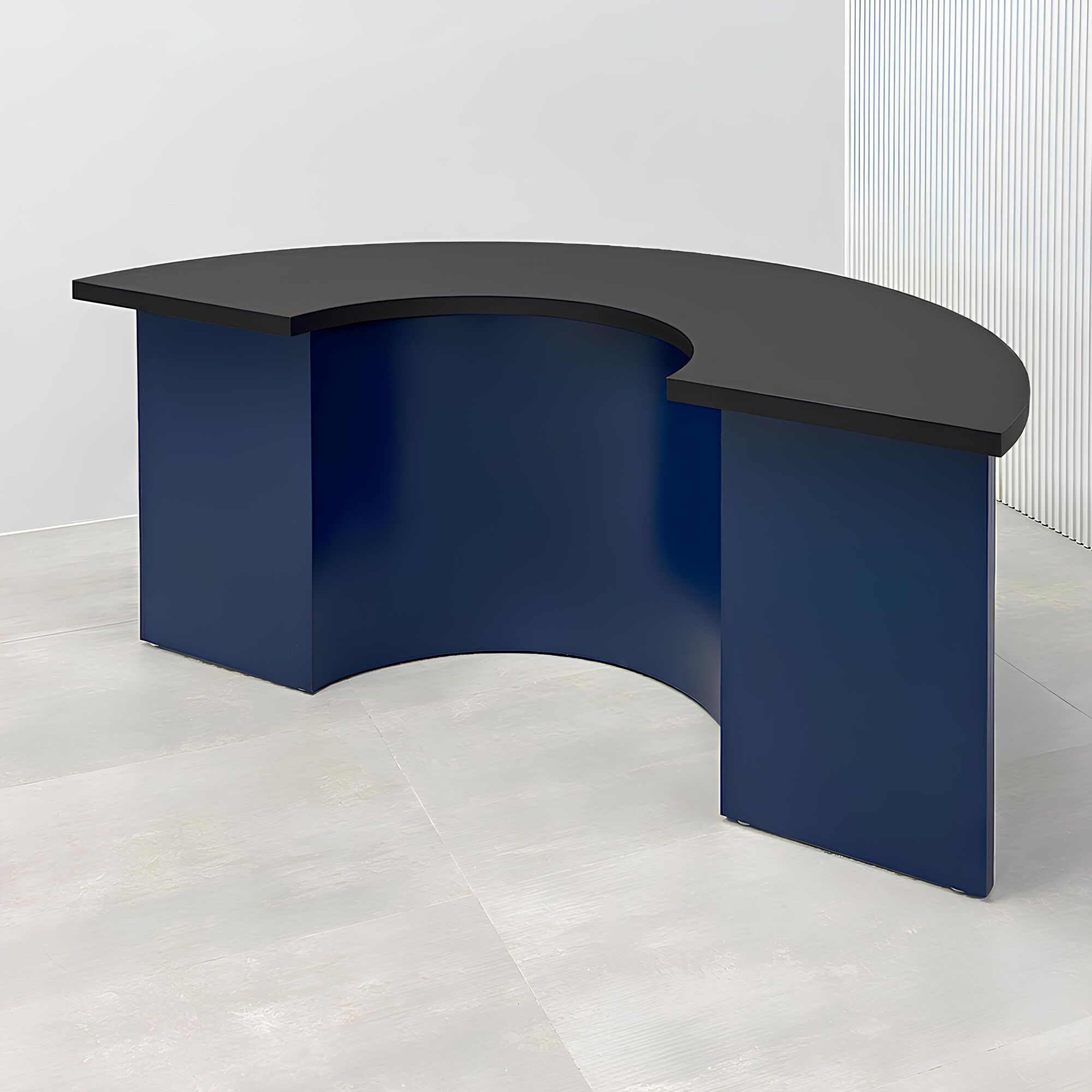 72-inch Handmade Custom Modern Podcast Table Half Moon with black traceless laminate top, navy blue matte laminate front base, and navy blue matte laminate back base.