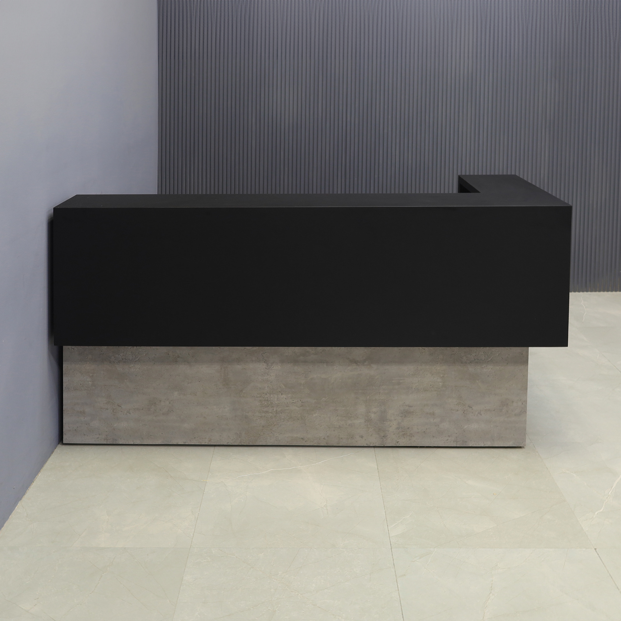 72-inch San Francisco L-Shape Reception Desk, right l-panel side when facing front in black traceless laminate counter and indusrial concrete laminate desk, shown here.