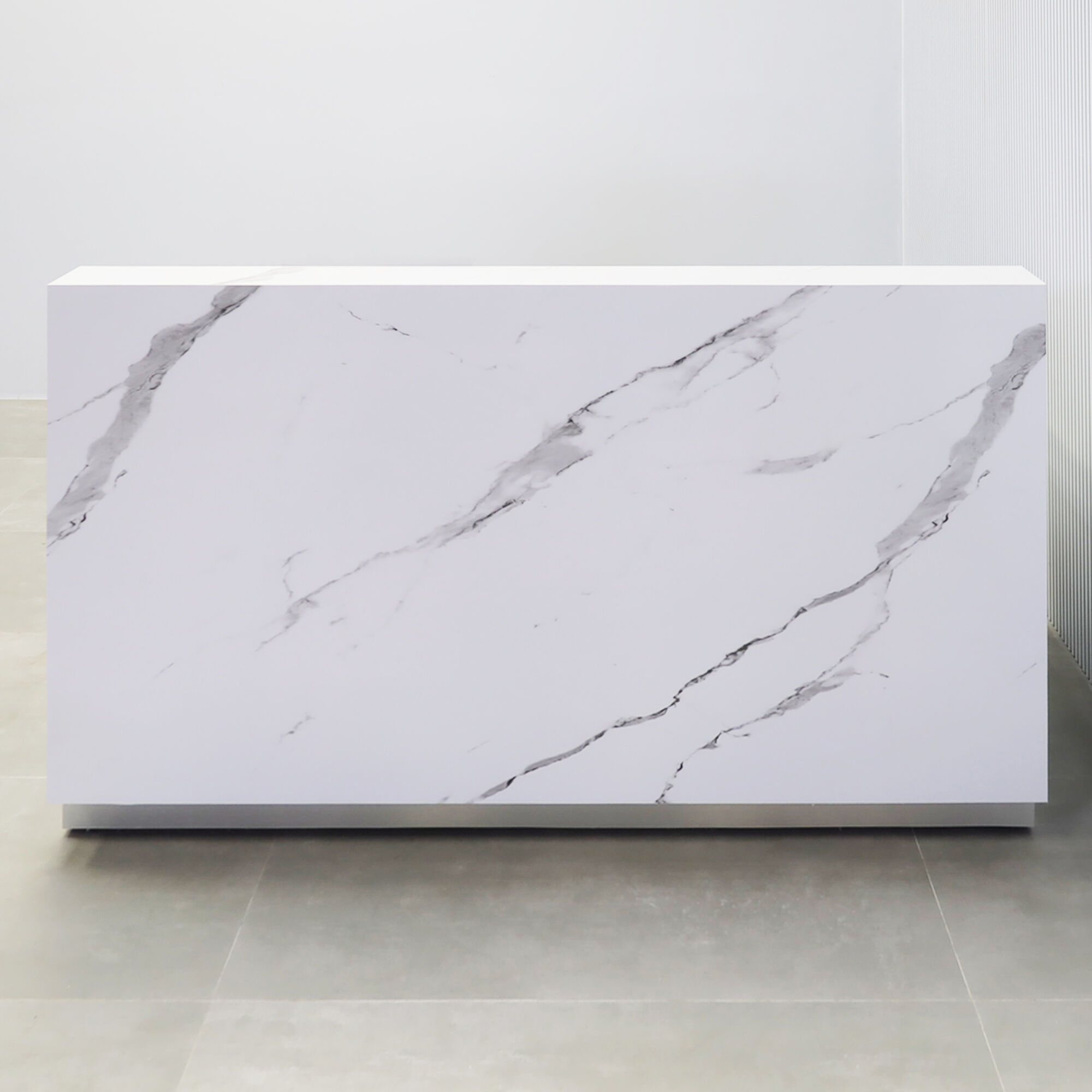 72-inch Dallas Straight Custom Reception Desk with calcutta stone PVC laminate and brushed aluminum toe-kick. 