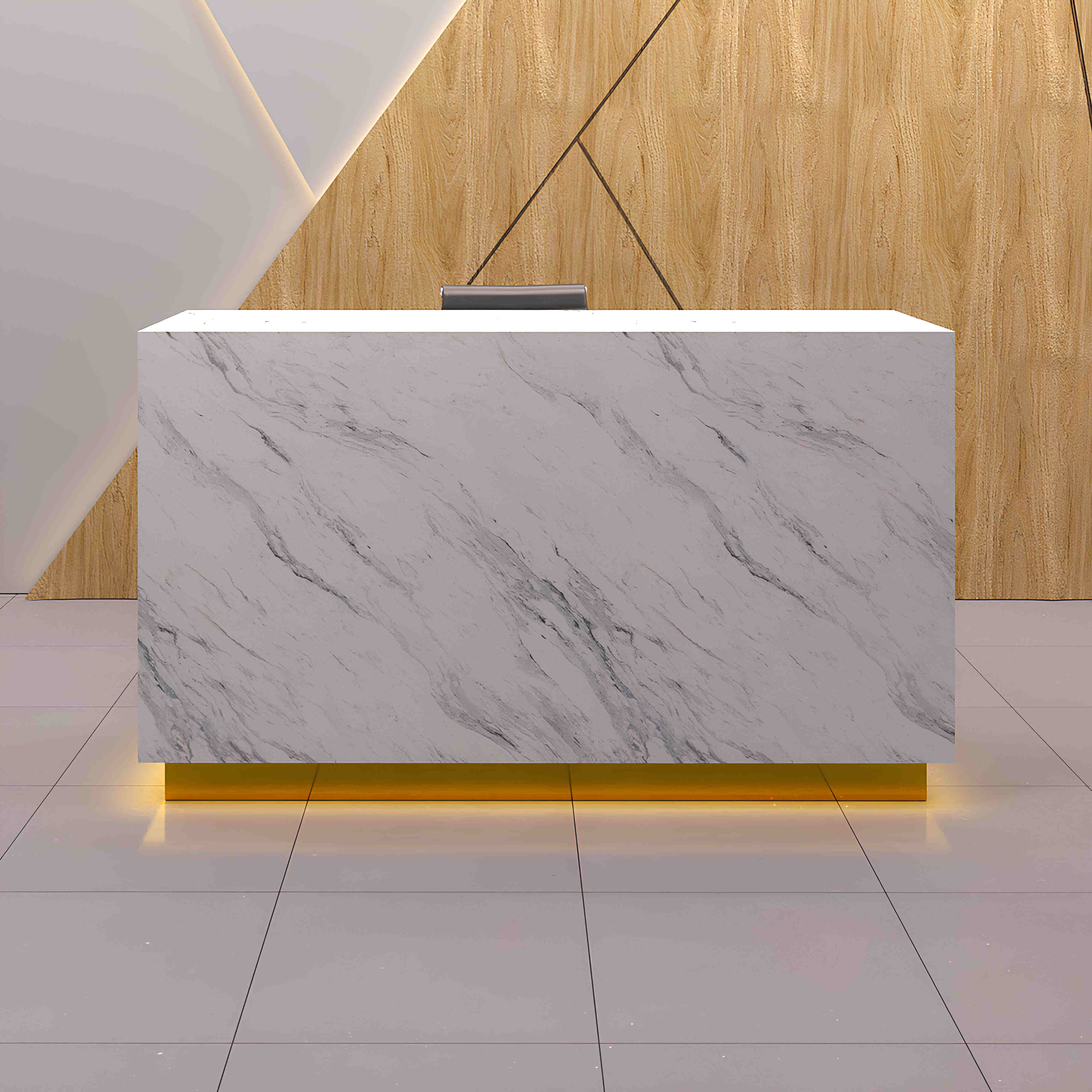 72-inch Houston Custom Reception Desk in calcutta stone pvc main desk and brushed gold toe-kick, with color LED, shown here.
