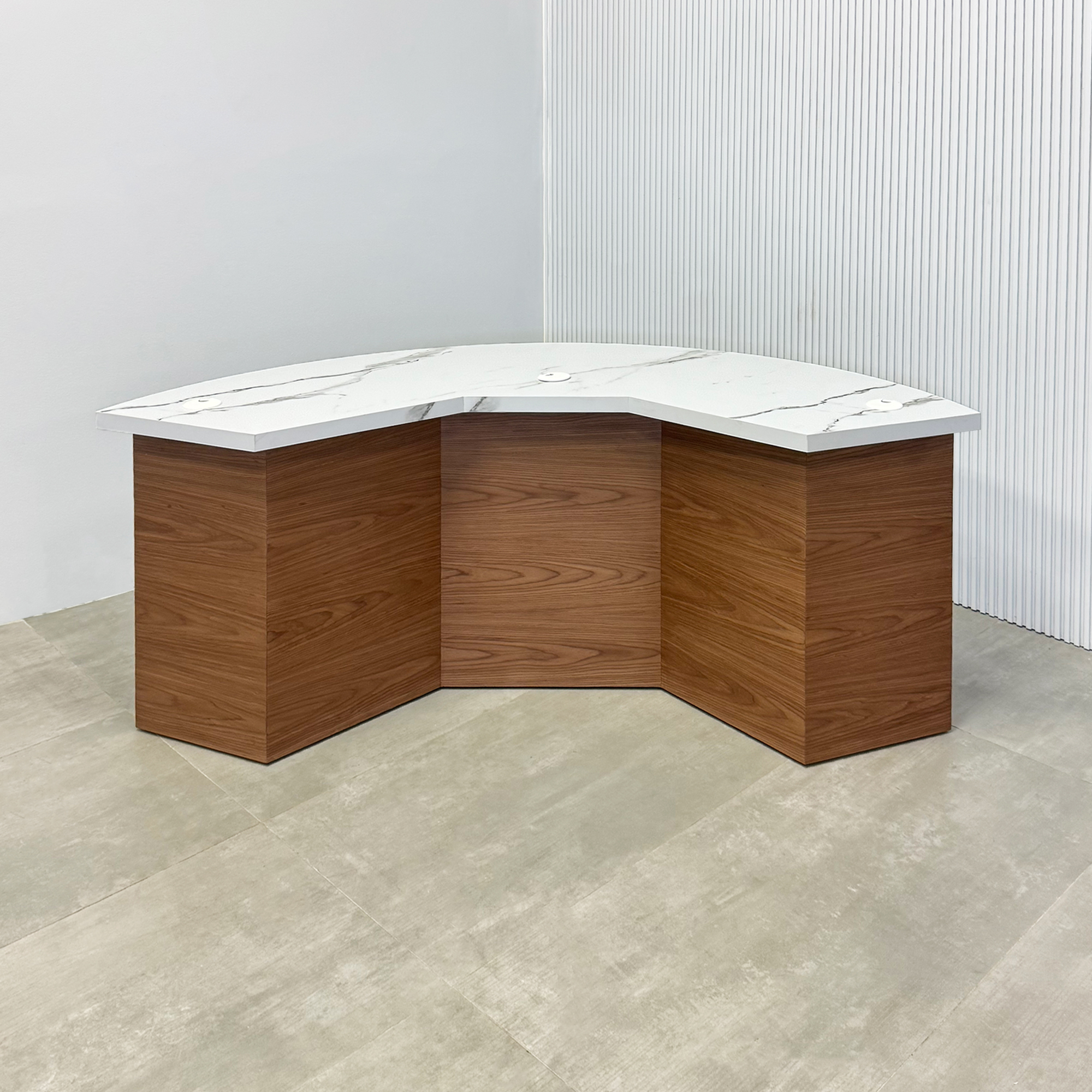 72-inch Tampa Bay Custom Handmade Podcast Table with calcutta stone PVC laminate top, walnut wood veneer front of the base, storm gray matte laminate back of the base, and white warm LED.