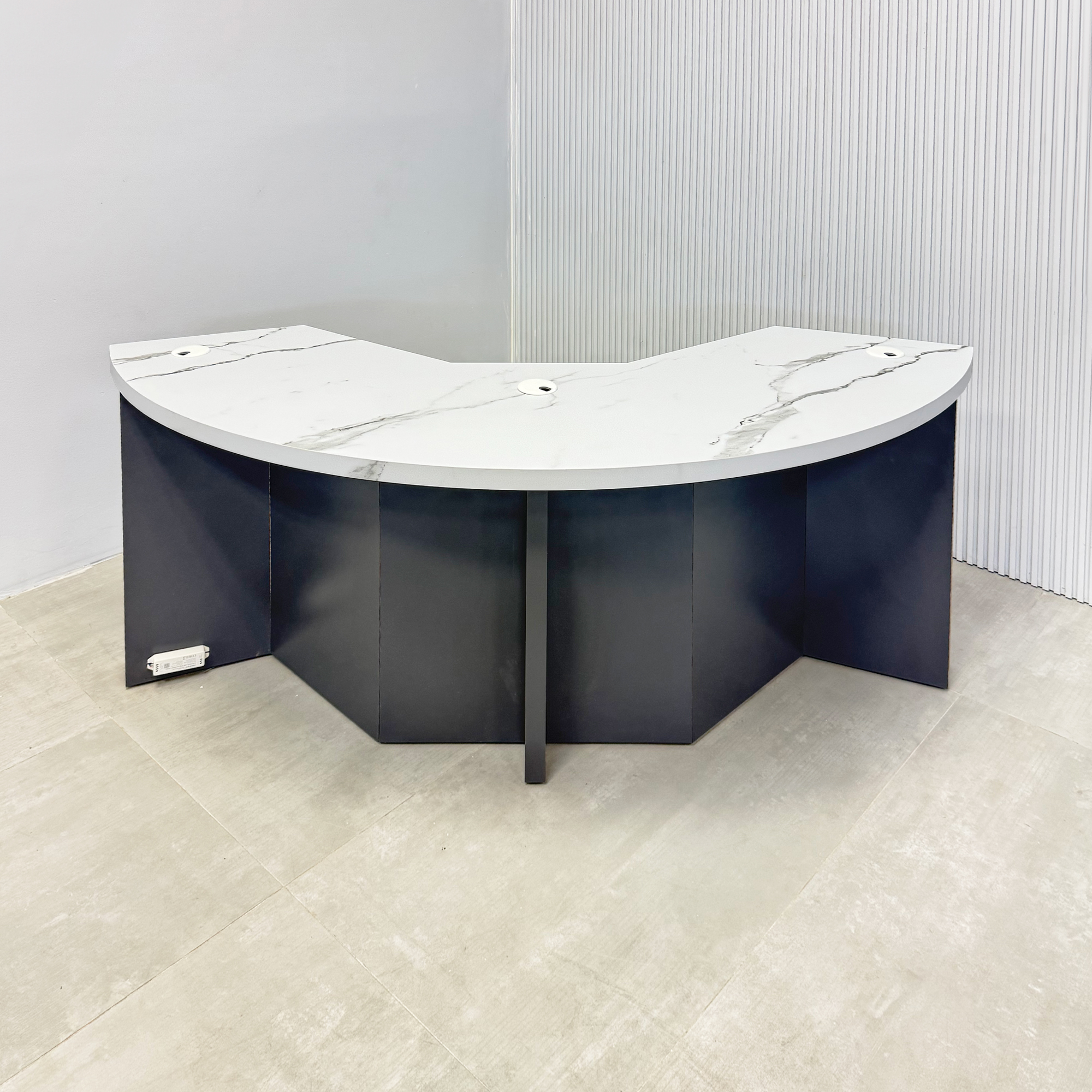 72-inch Tampa Bay Custom Handmade Podcast Table with calcutta stone PVC laminate top, walnut wood veneer front of the base, storm gray matte laminate back of the base, and white warm LED.