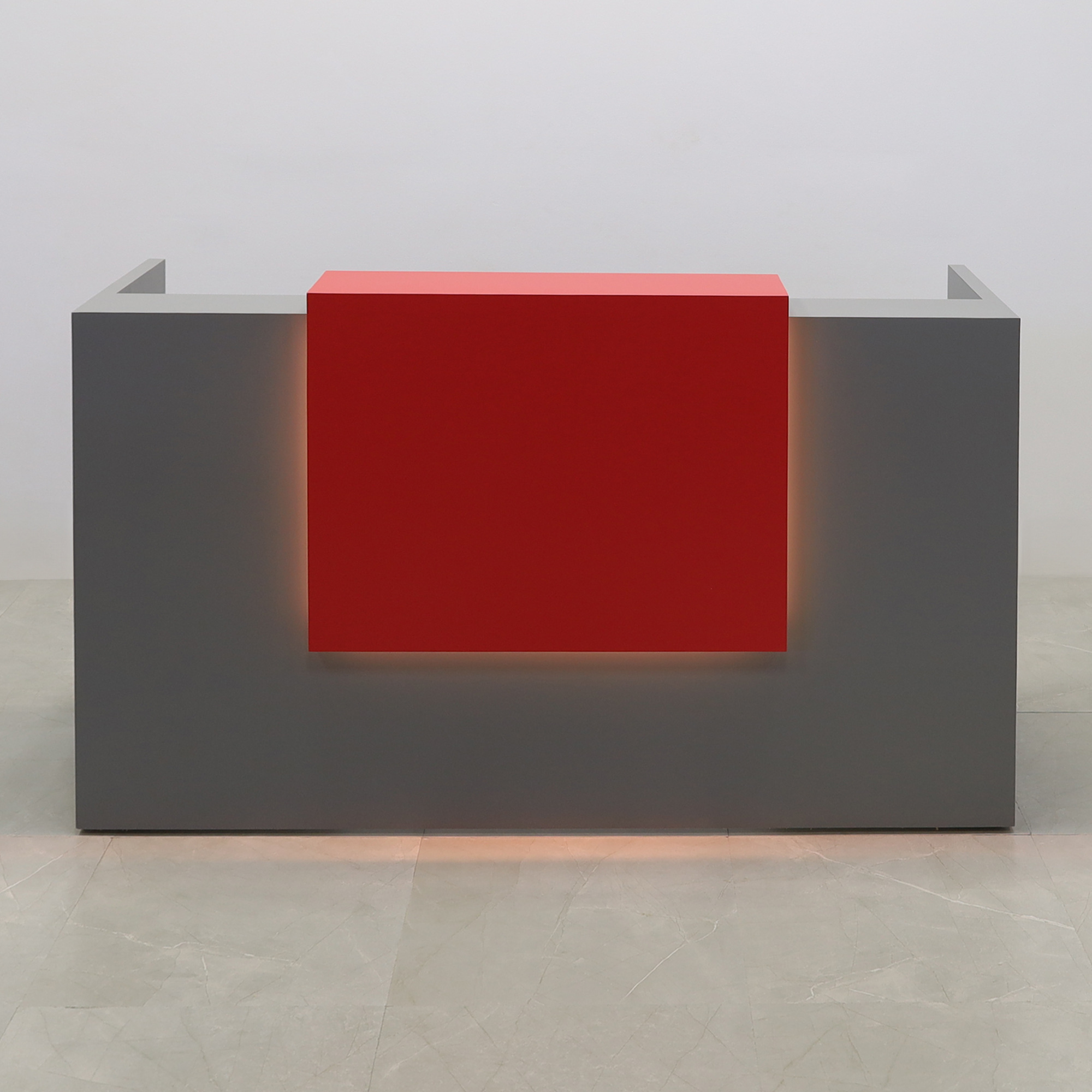 72-inch Chicago Custom Reception Desk in classic red matte laminate counter and storm gray matte laminate, with color LED, shown here.