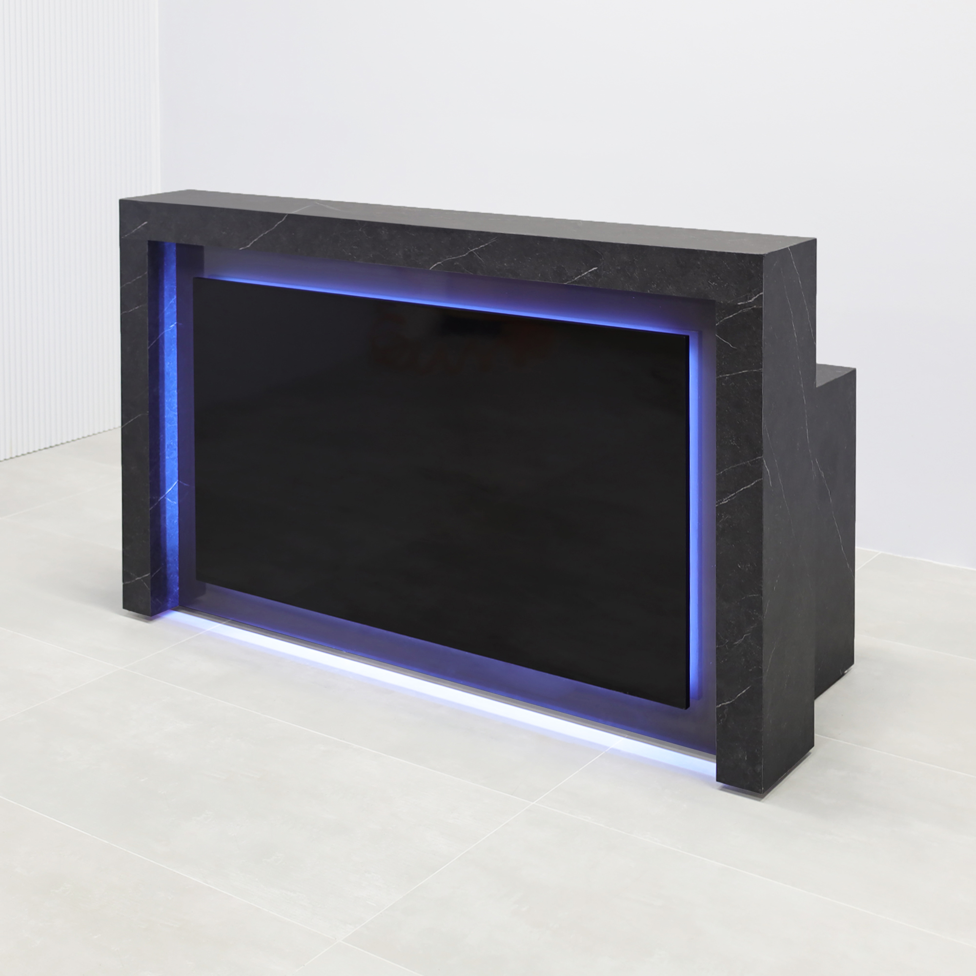 72-inch New York Straight Shape Custom Reception Desk with black stone PVC laminate main desk, black gloss laminate front panel, gray gloss laminate accent recess, and color-changing LED.
