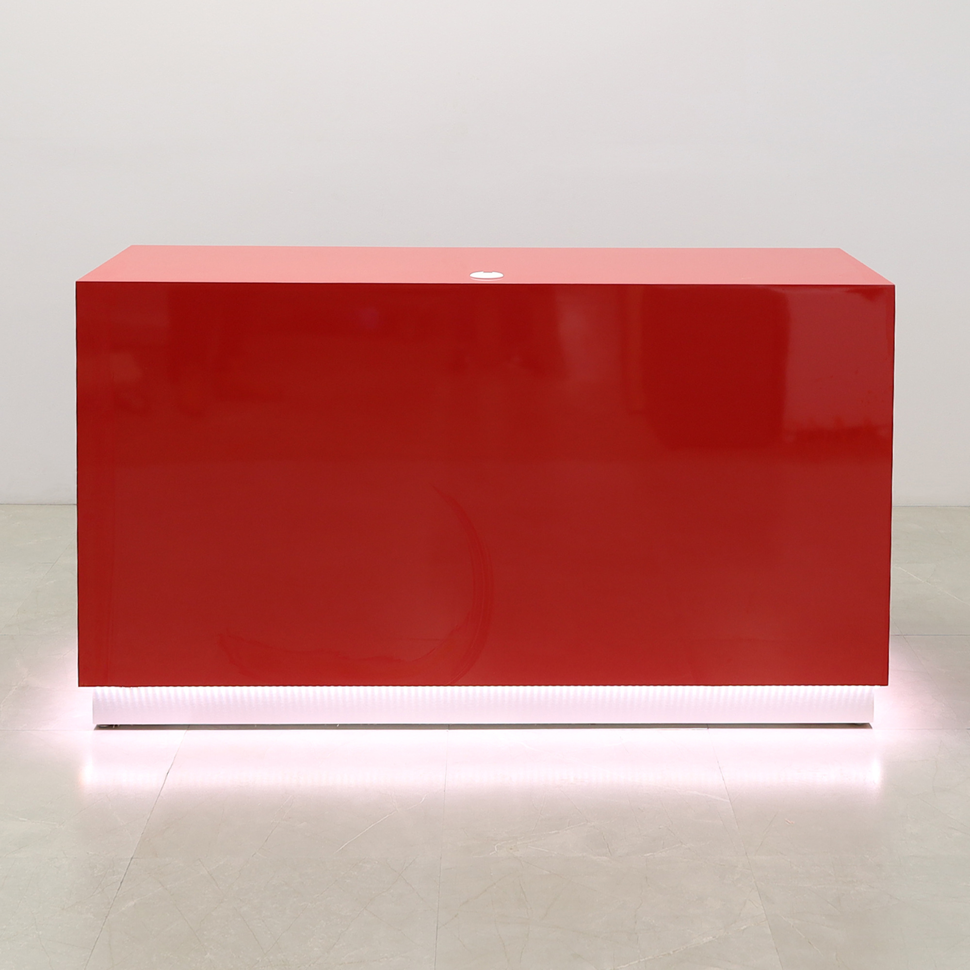 72-inch Houston Custom Reception Desk in classic red gloss laminate main desk and brushed aluminum toe-kick, with white LED, shown here.