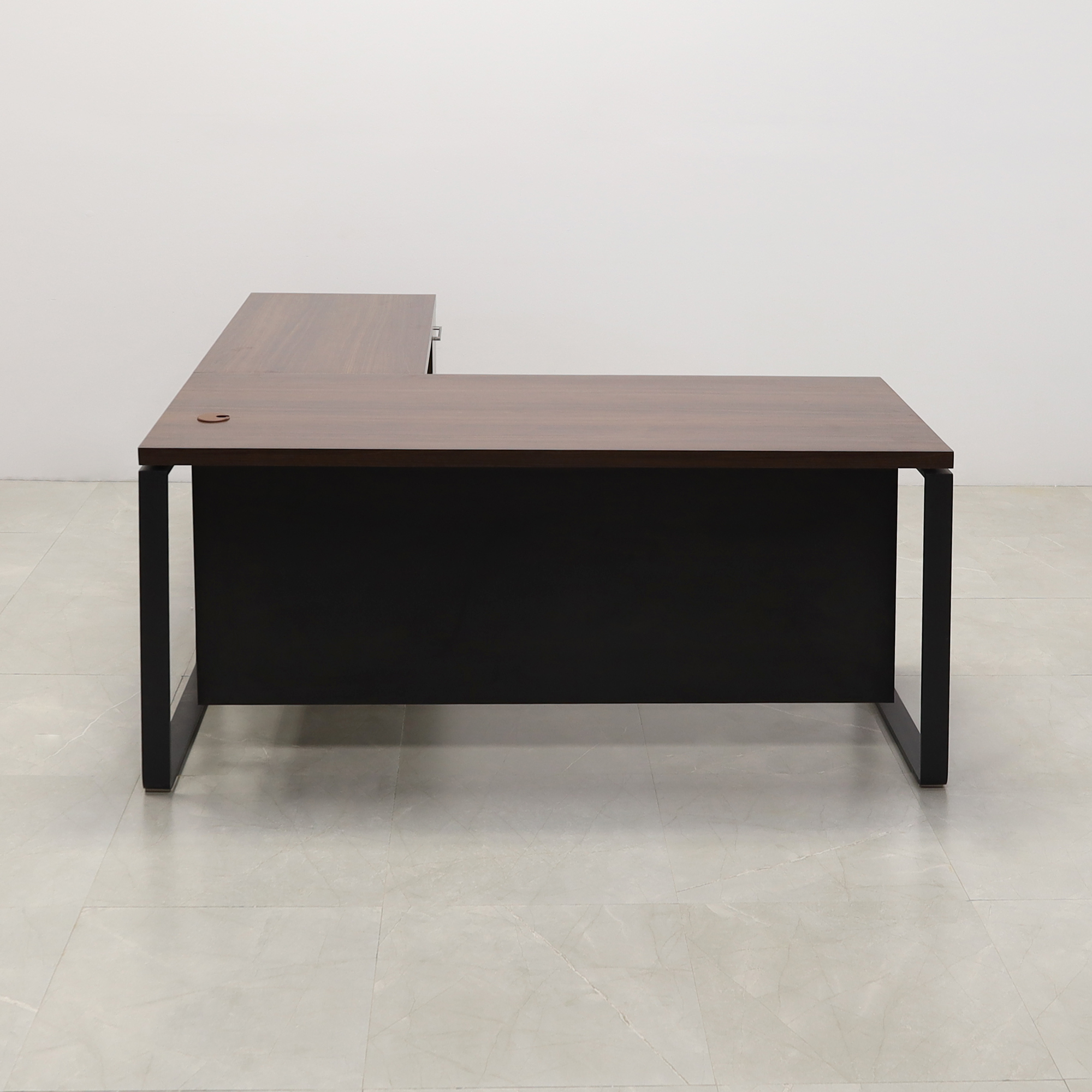 72 inches Aspen L-Shape W/ Cabinet Executive Desk In Colombian Walnut Laminate Top and storage. Black matte laminate privacy panel and black stainless metal legs shown here.