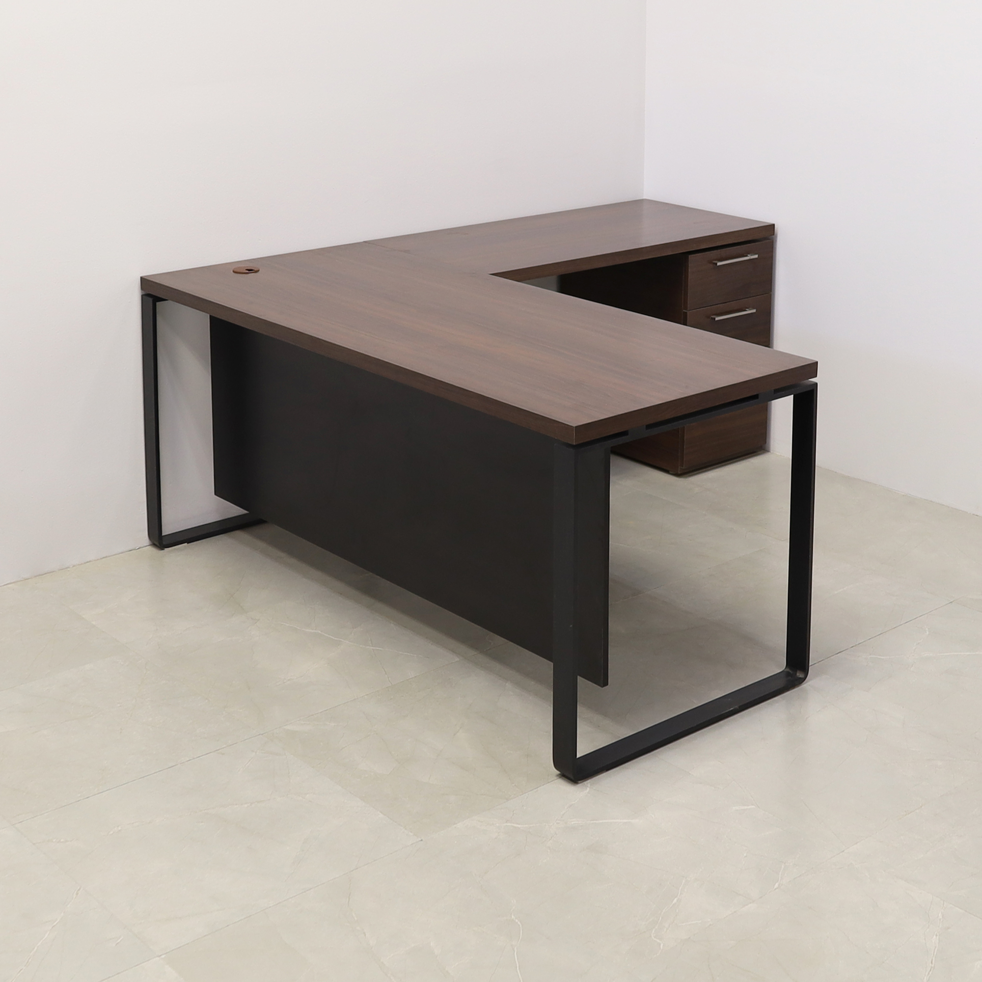 72 inches Aspen L-Shape W/ Cabinet Executive Desk In Colombian Walnut Laminate Top and storage with two pencil drawers and one file cabinet. Black matte laminate privacy panel and black stainless metal legs shown here.