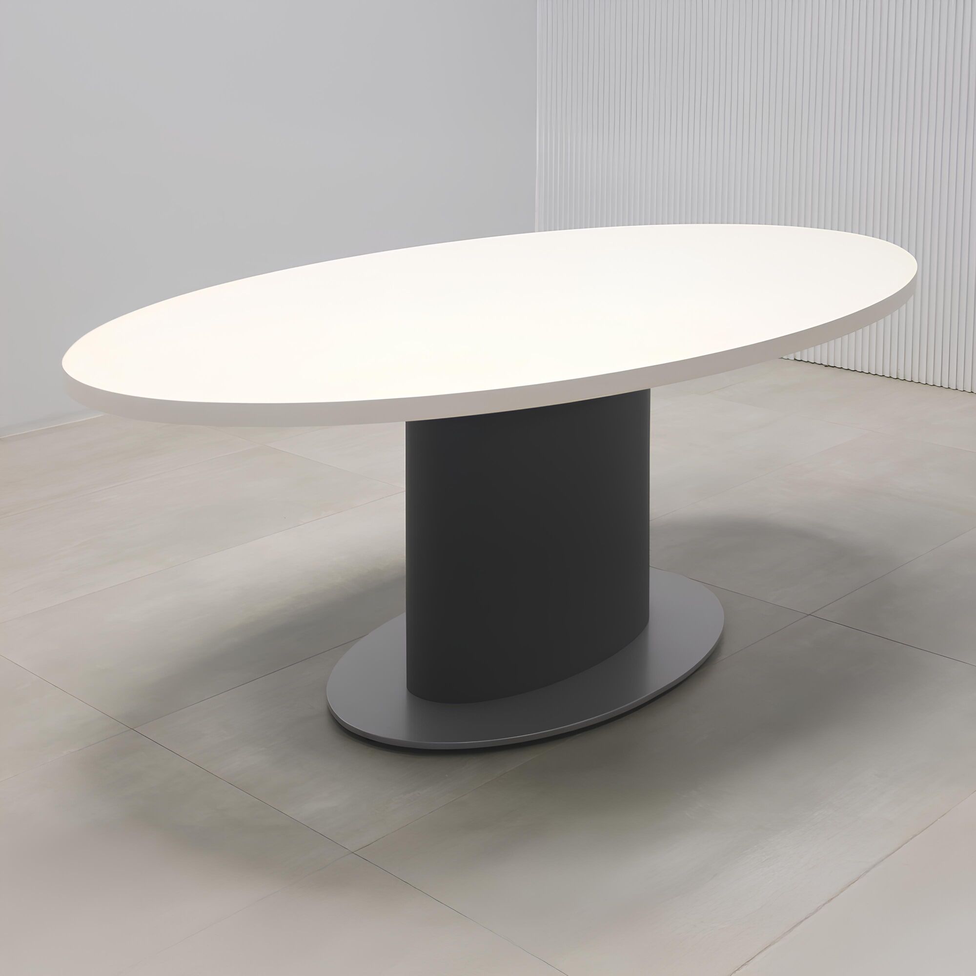 72-inch Newton Oval Conference Table with Dover Off-White matte laminate top, Dark Gray traceless laminate pedestal, and Silver powder-coated metal base.