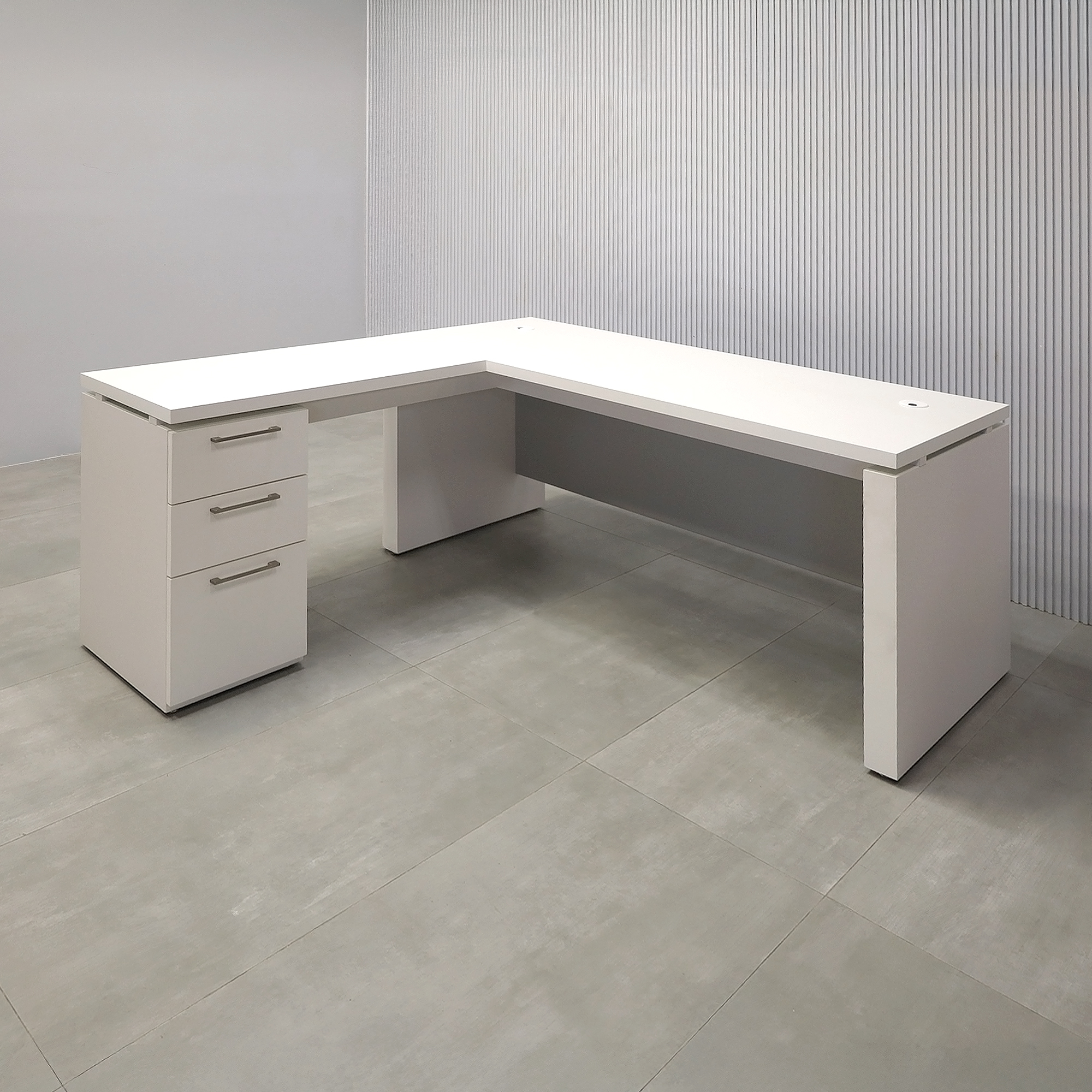 72-inch Denver L-Shape Executive Desk with Dover Off-White matte laminate top, base & cabinets. Folkstone Gray matte laminate privacy panel. 