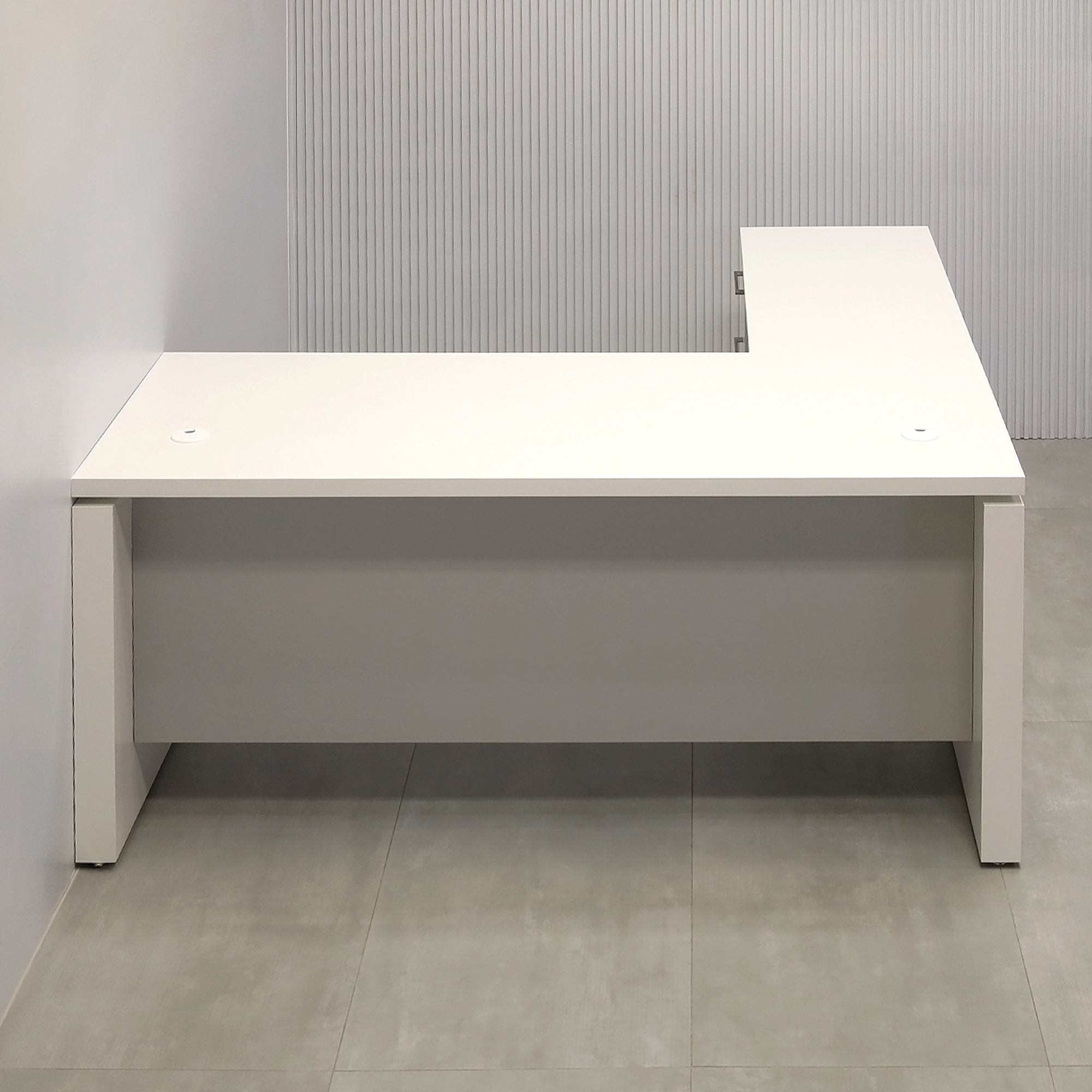 72-inch Denver L-Shape Executive Desk with Dover Off-White matte laminate top, base & cabinets. Folkstone Gray matte laminate privacy panel. 