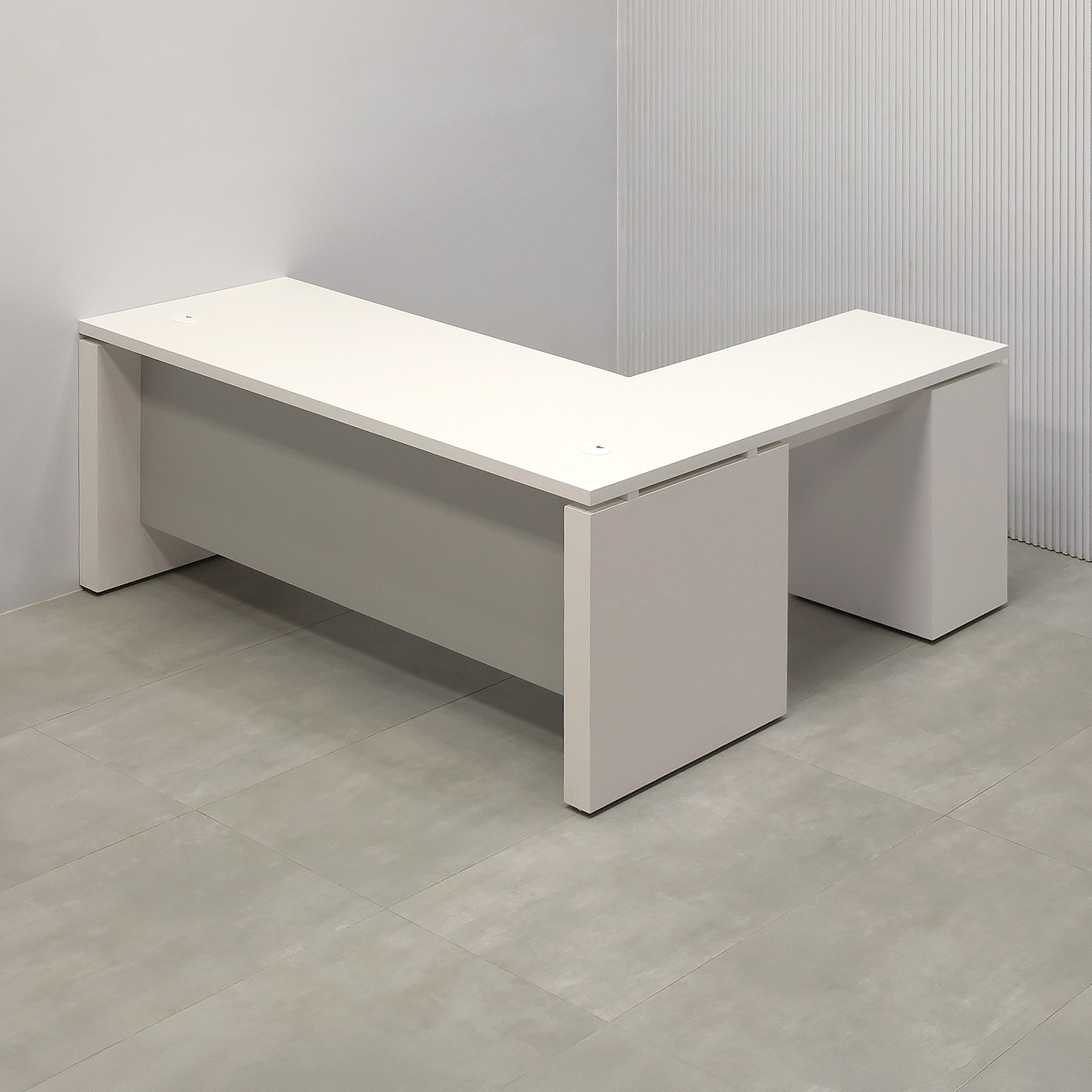 72-inch Denver L-Shape Executive Desk with Dover Off-White matte laminate top, base & cabinets. Folkstone Gray matte laminate privacy panel. 