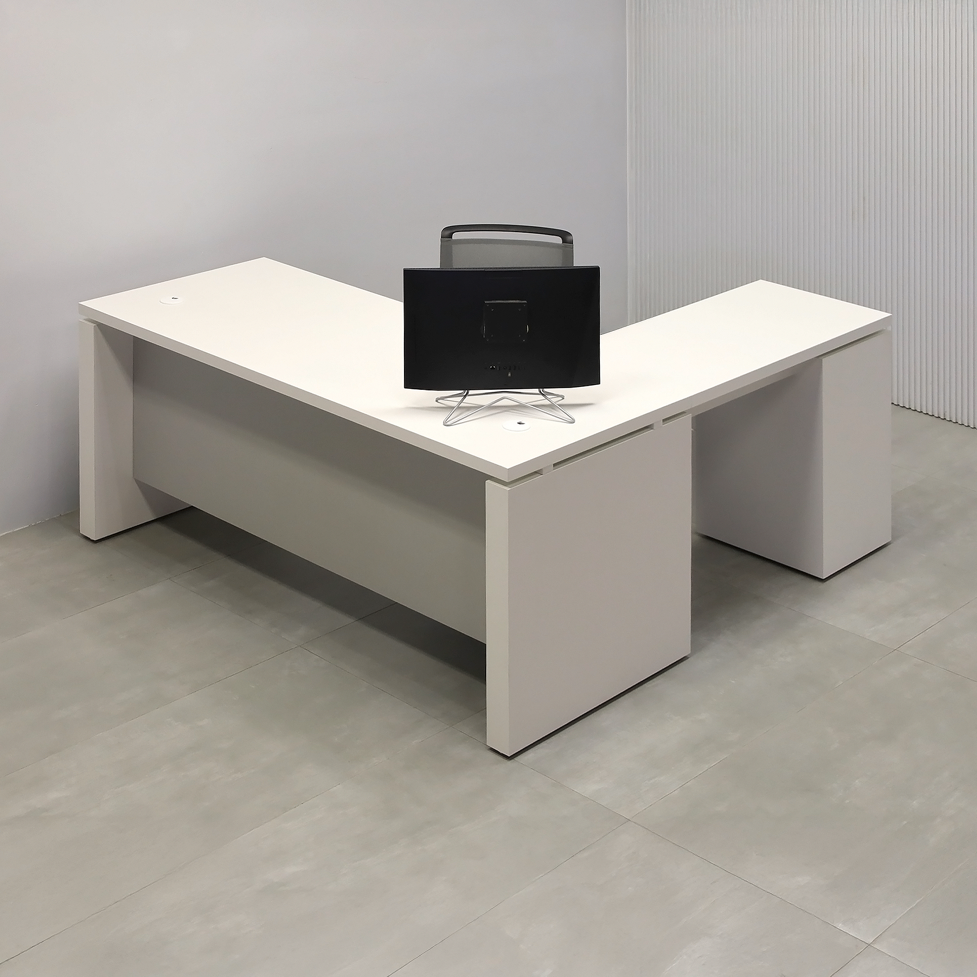 72-inch Denver L-Shape Executive Desk with Dover Off-White matte laminate top, base & cabinets. Folkstone Gray matte laminate privacy panel. 