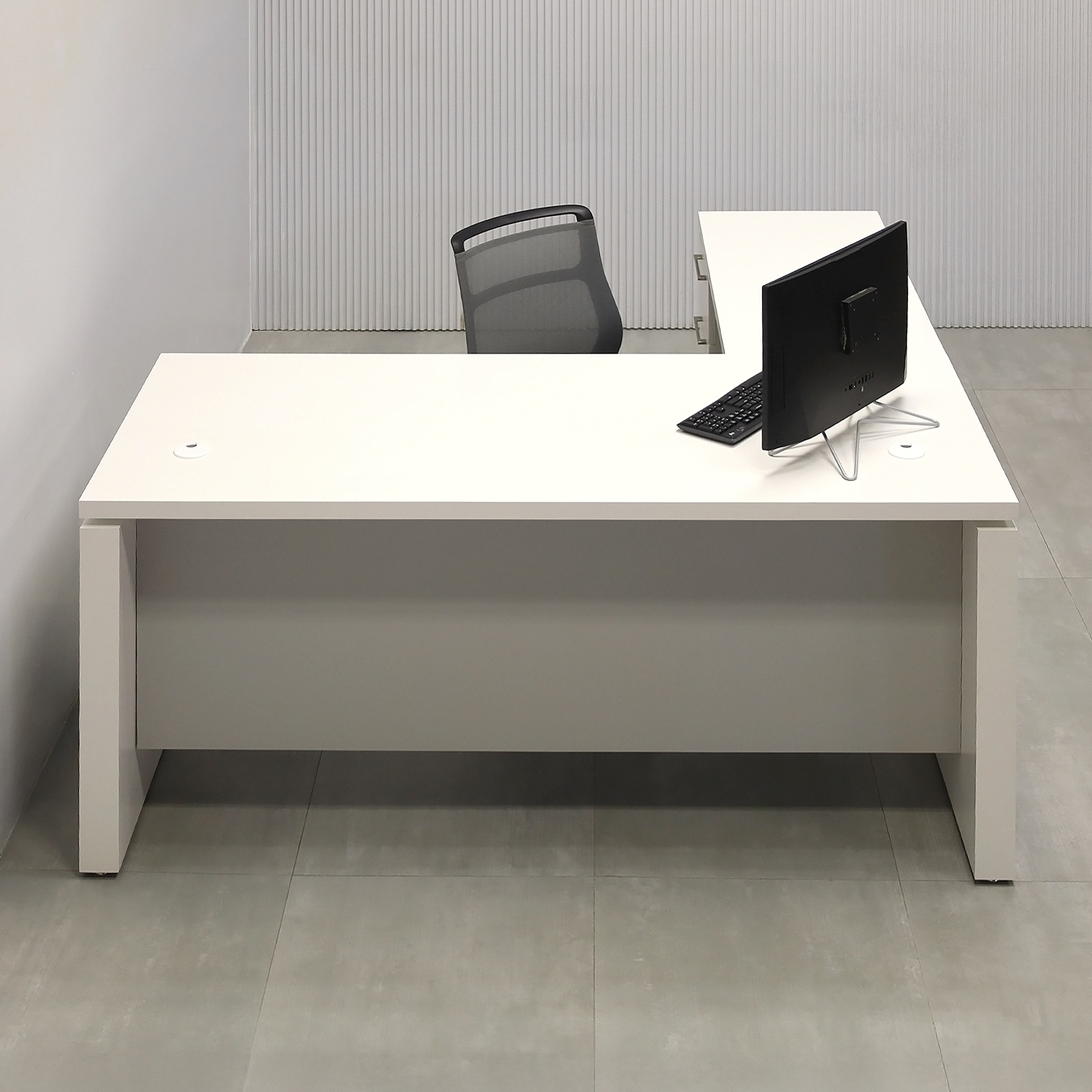 72-inch Denver L-Shape Executive Desk with Dover Off-White matte laminate top, base & cabinets. Folkstone Gray matte laminate privacy panel. 