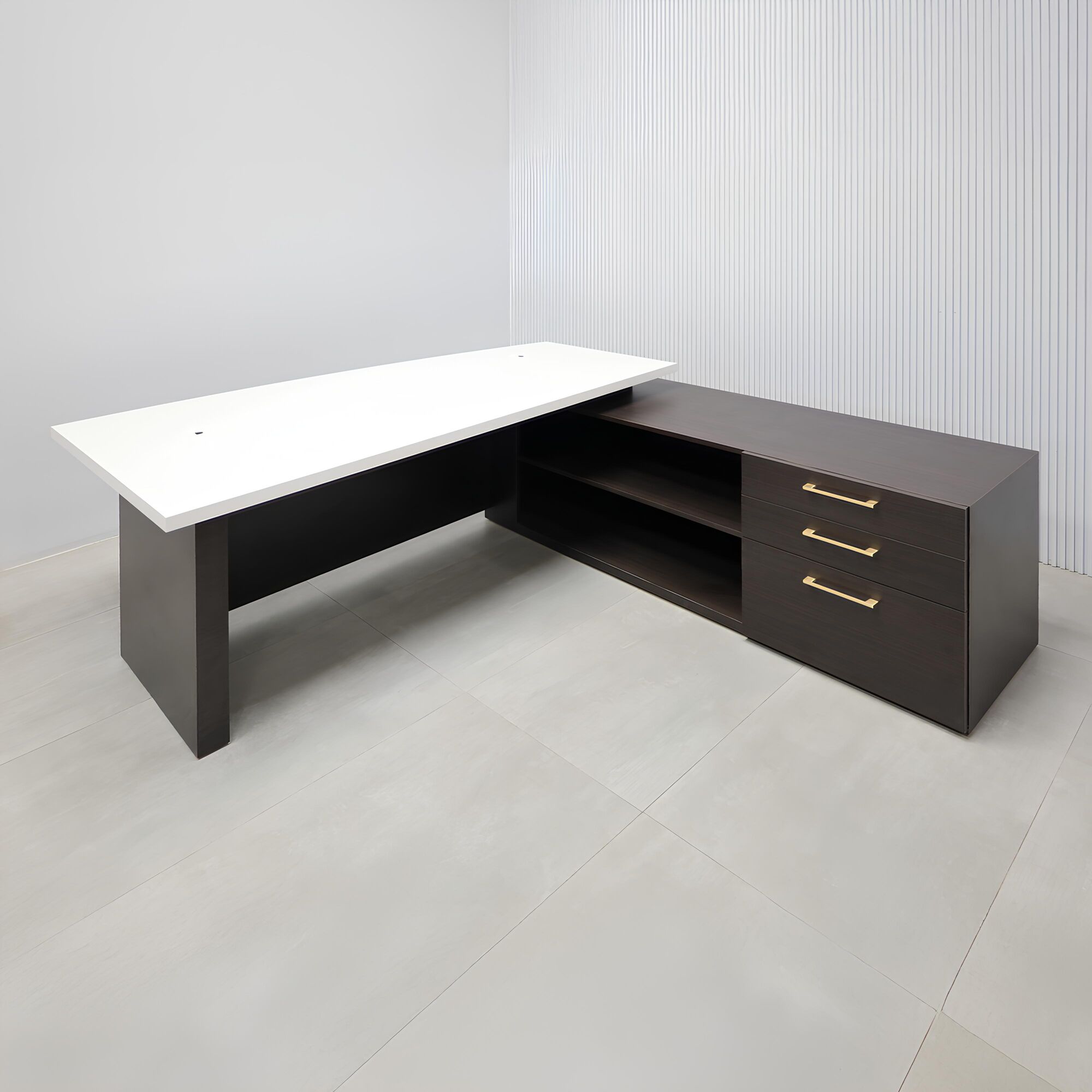 72-inch Avenue Executive Desk with Dover Off-White Matte Laminate top, Ebony Recon Matte laminate base, and Ebony Recon Matte Laminate privacy panel.